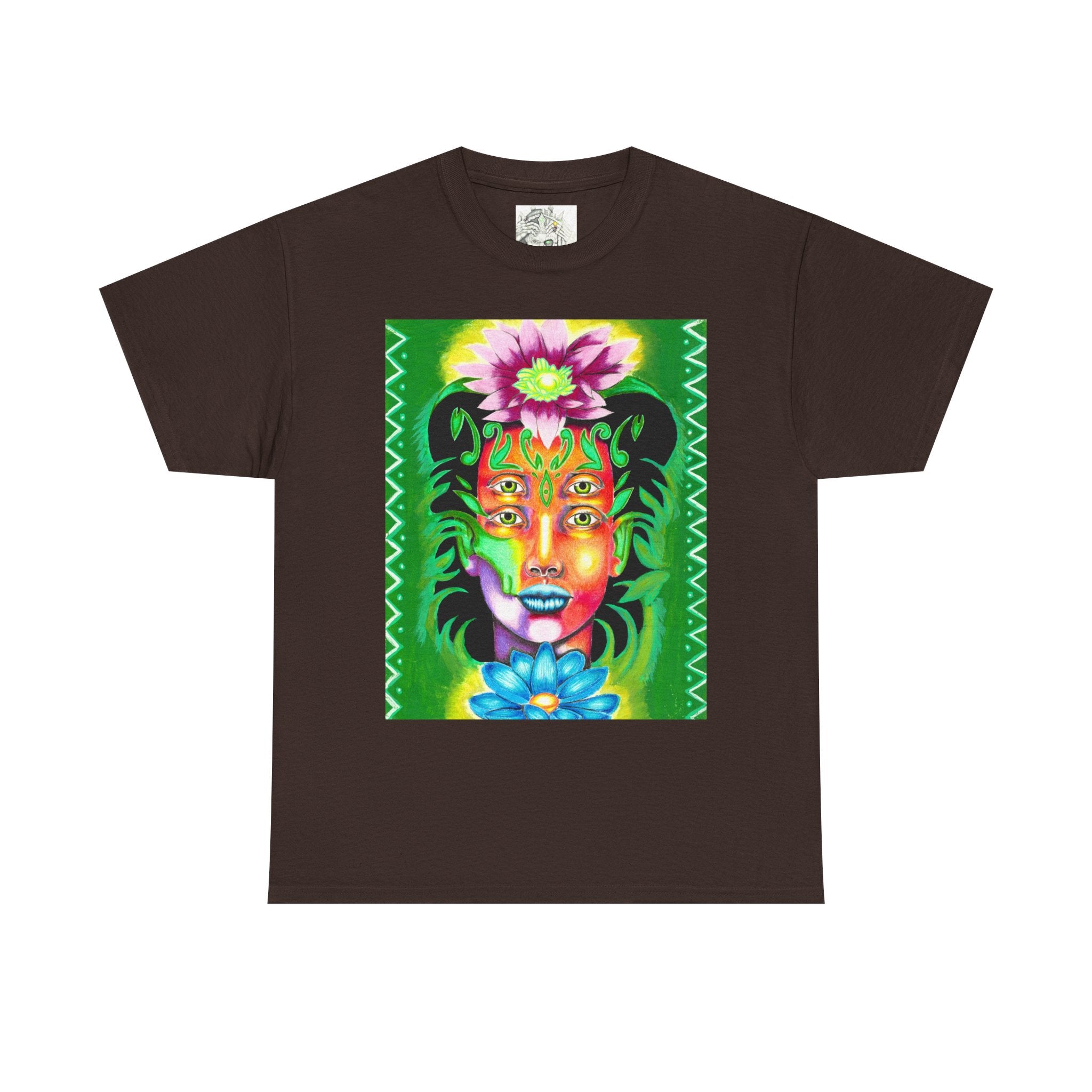 Psychedelic Floral Face Tee — Vibrant Neon Botanical Portrait T-Shirt