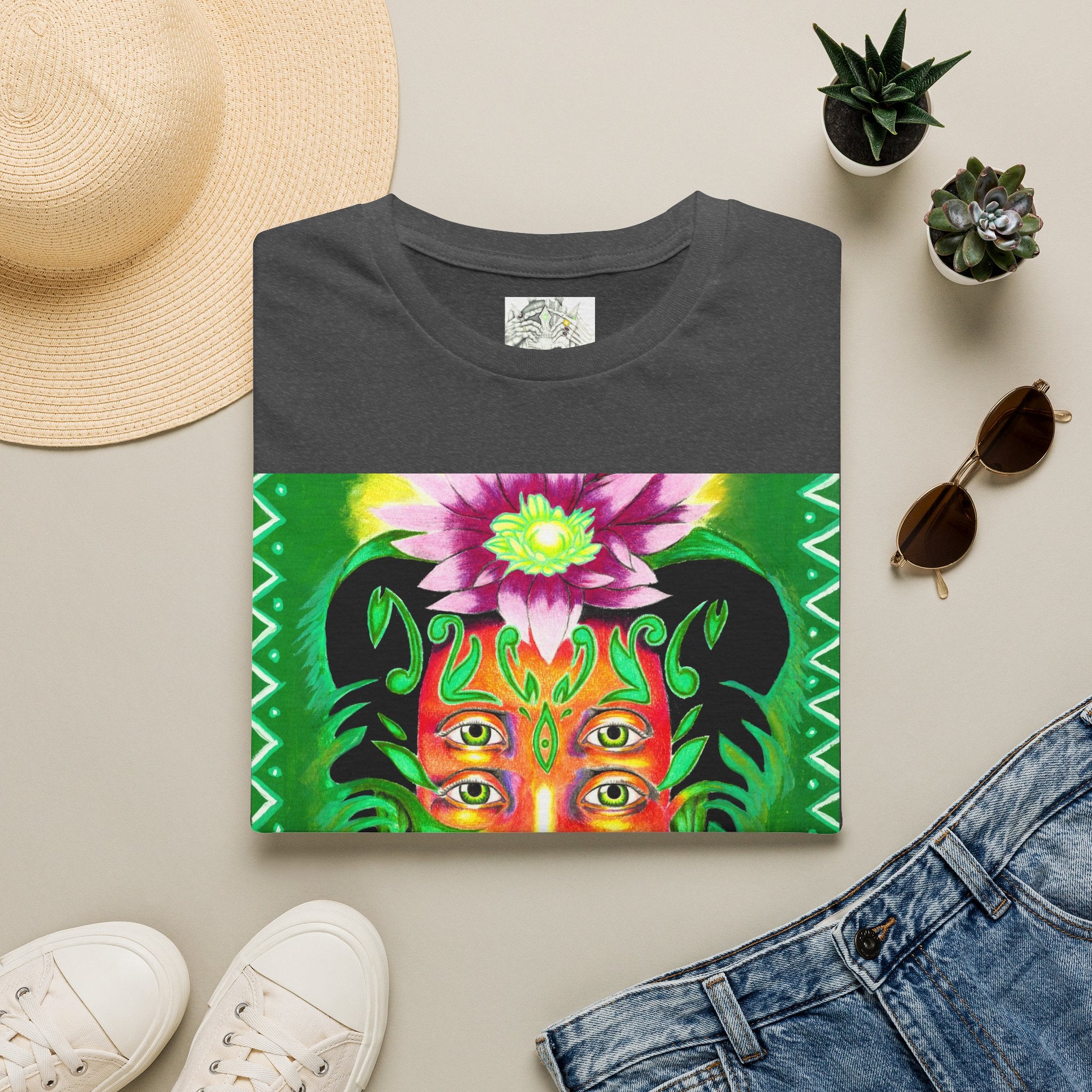 Psychedelic Floral Face T-Shirt — Vibrant Mystic Four-Eyes Design