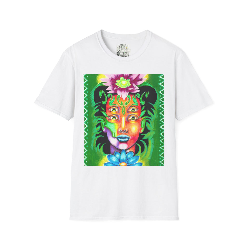 Psychedelic Floral Face T-Shirt — Vibrant Mystic Four-Eyes Design