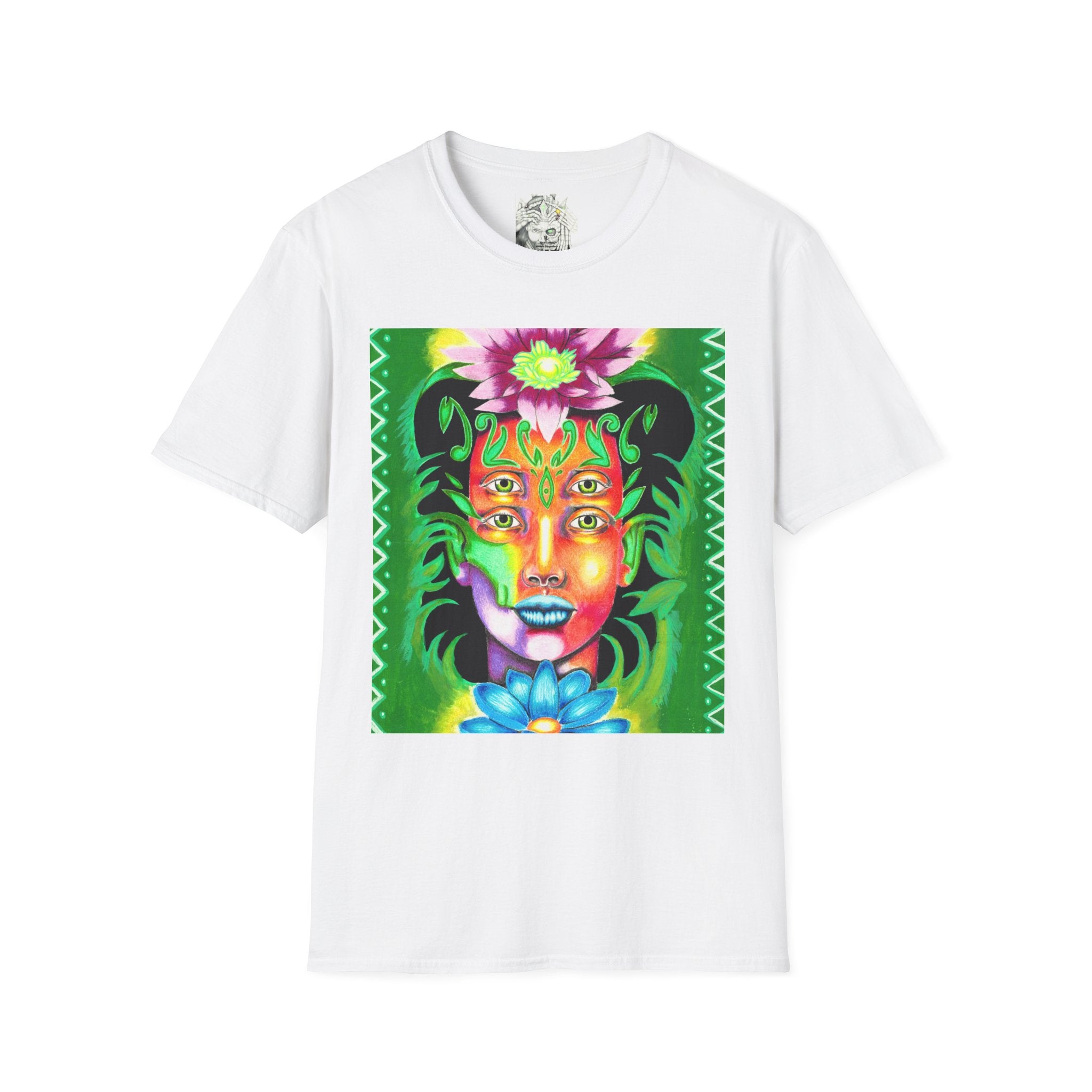 Psychedelic Floral Face T-Shirt — Vibrant Mystic Four-Eyes Design