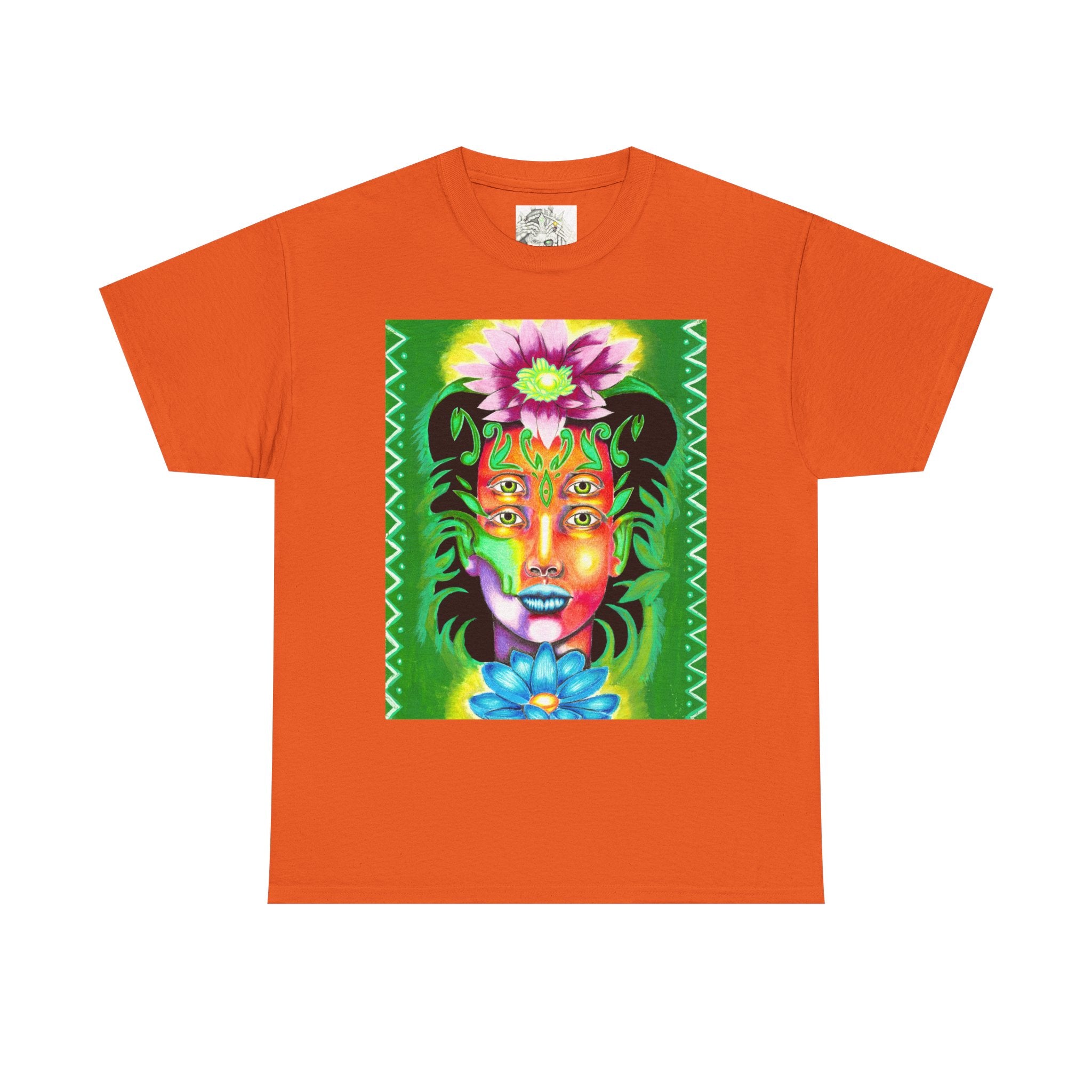 Psychedelic Floral Face Tee — Vibrant Neon Botanical Portrait T-Shirt