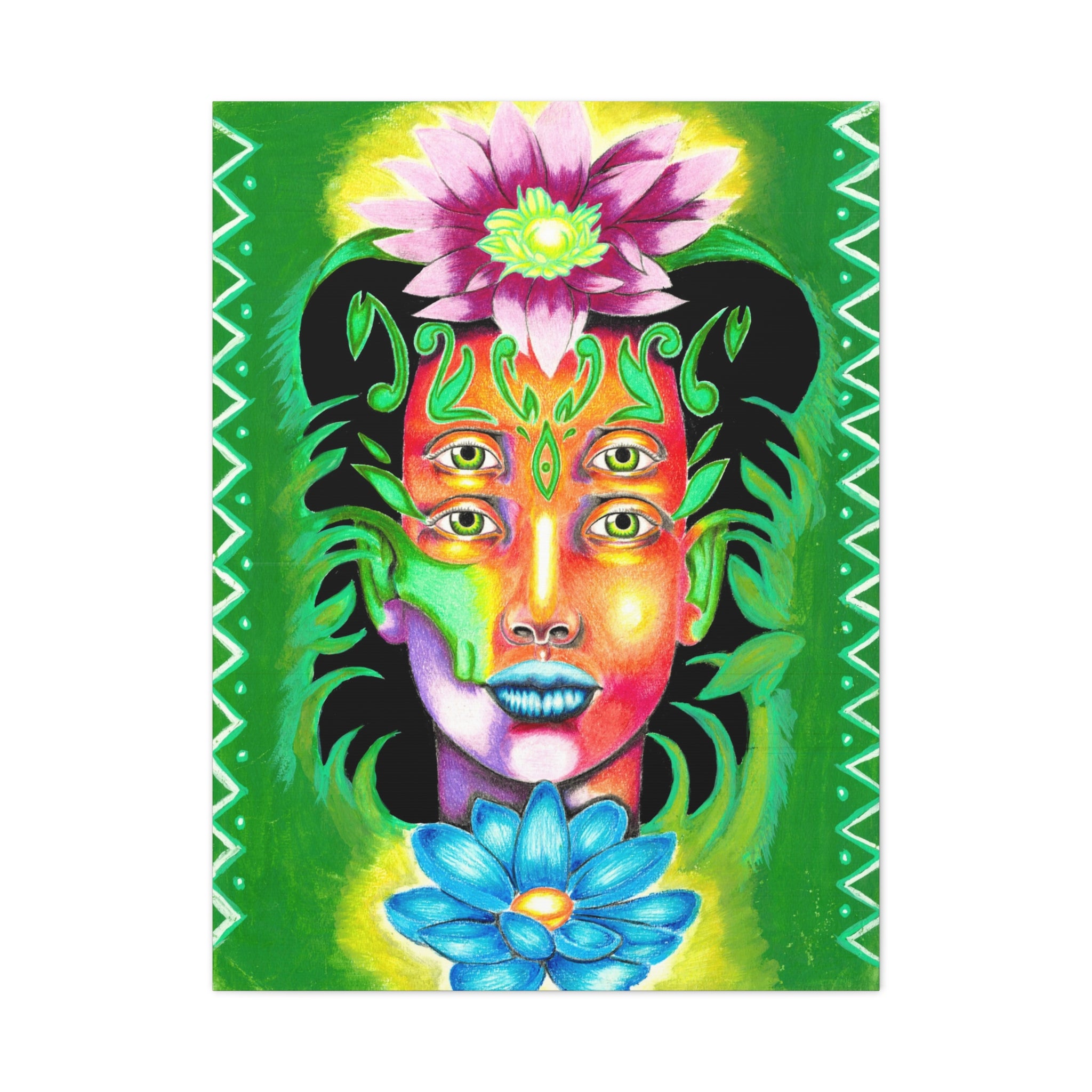 Psychedelic Four-Eyed Face Floral Canvas Art — Vibrant Surreal Wall Decor