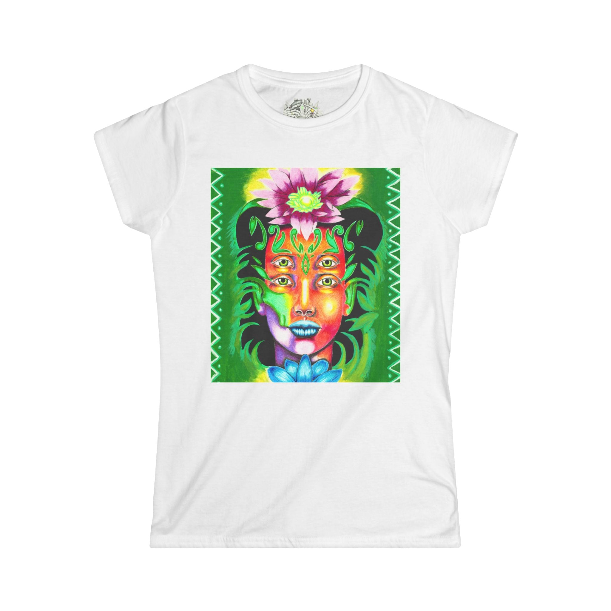 Psychedelic Floral Face Tee — Colorful Botanical Portrait Women's T-Shirt