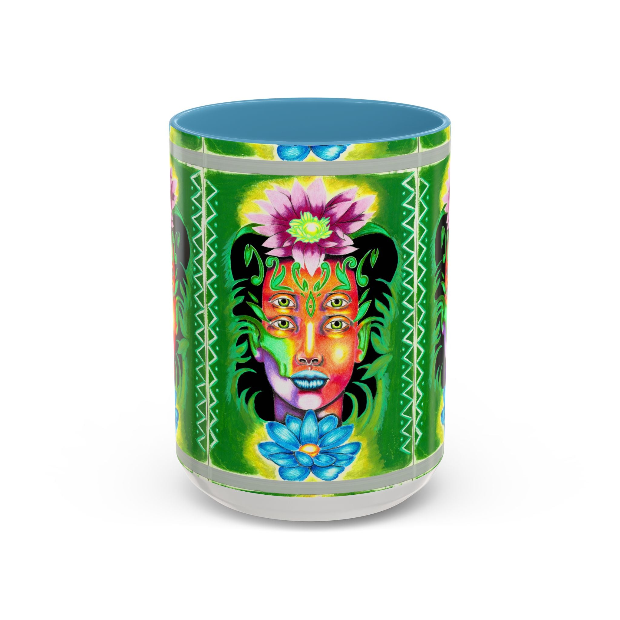 Psychedelic Floral Face Accent Coffee Mug — Colorful Spiritual Art 11/15oz