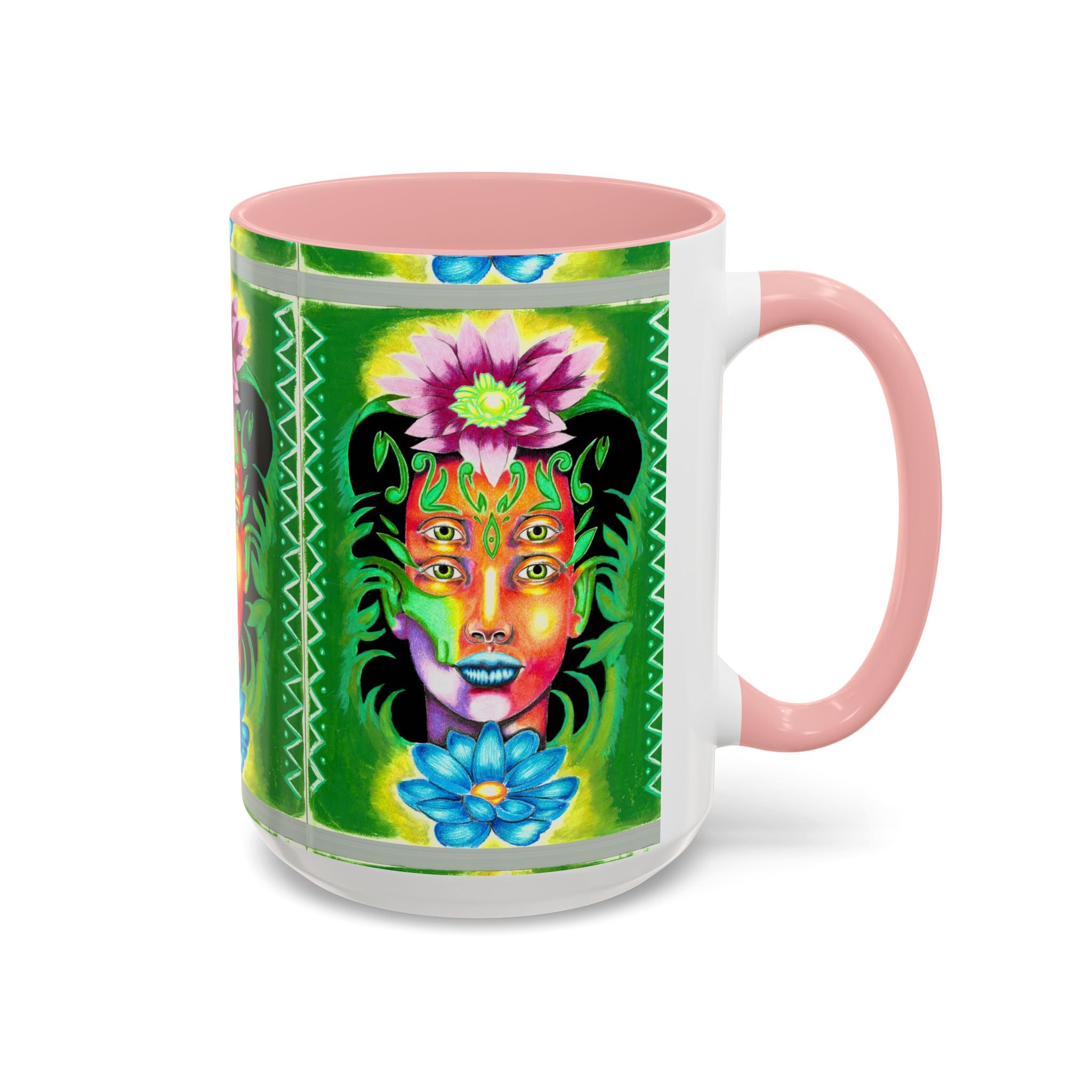 Psychedelic Floral Face Accent Coffee Mug — Colorful Spiritual Art 11/15oz
