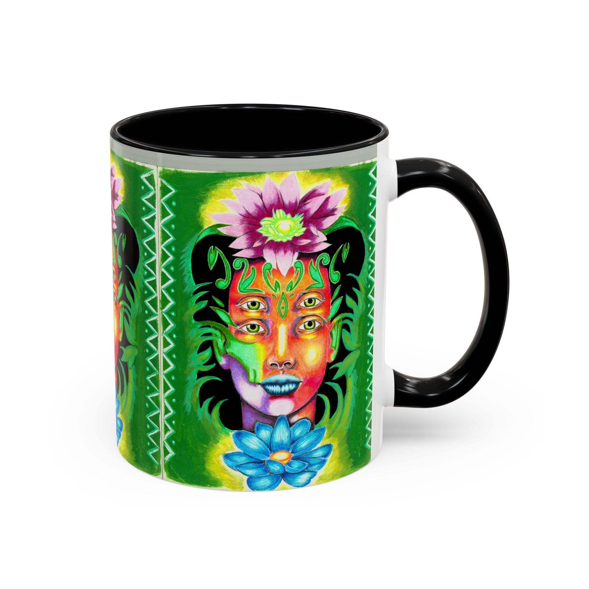 Psychedelic Floral Face Accent Coffee Mug — Colorful Spiritual Art 11/15oz
