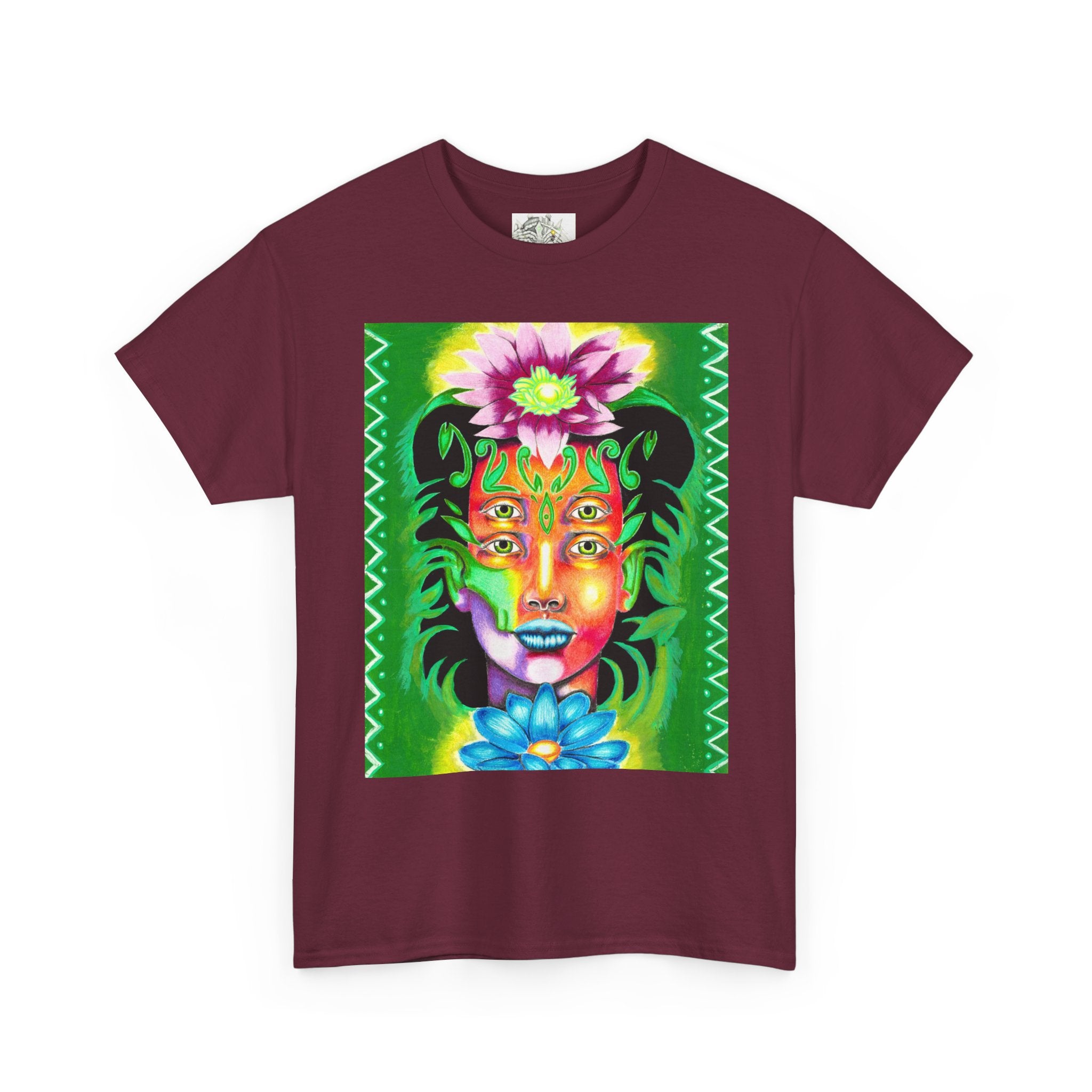 Psychedelic Floral Face Tee — Vibrant Neon Botanical Portrait T-Shirt
