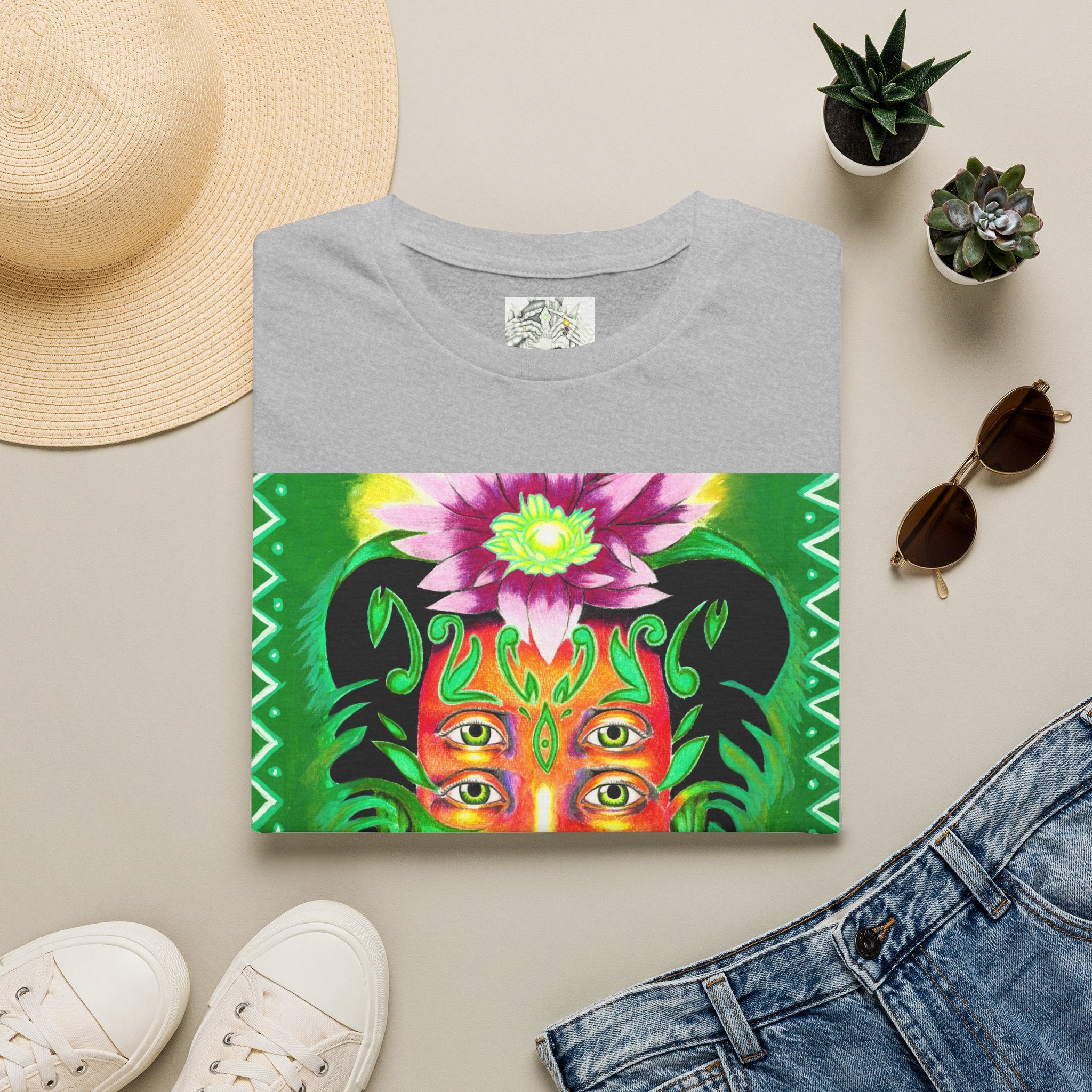 Psychedelic Floral Face T-Shirt — Vibrant Mystic Four-Eyes Design