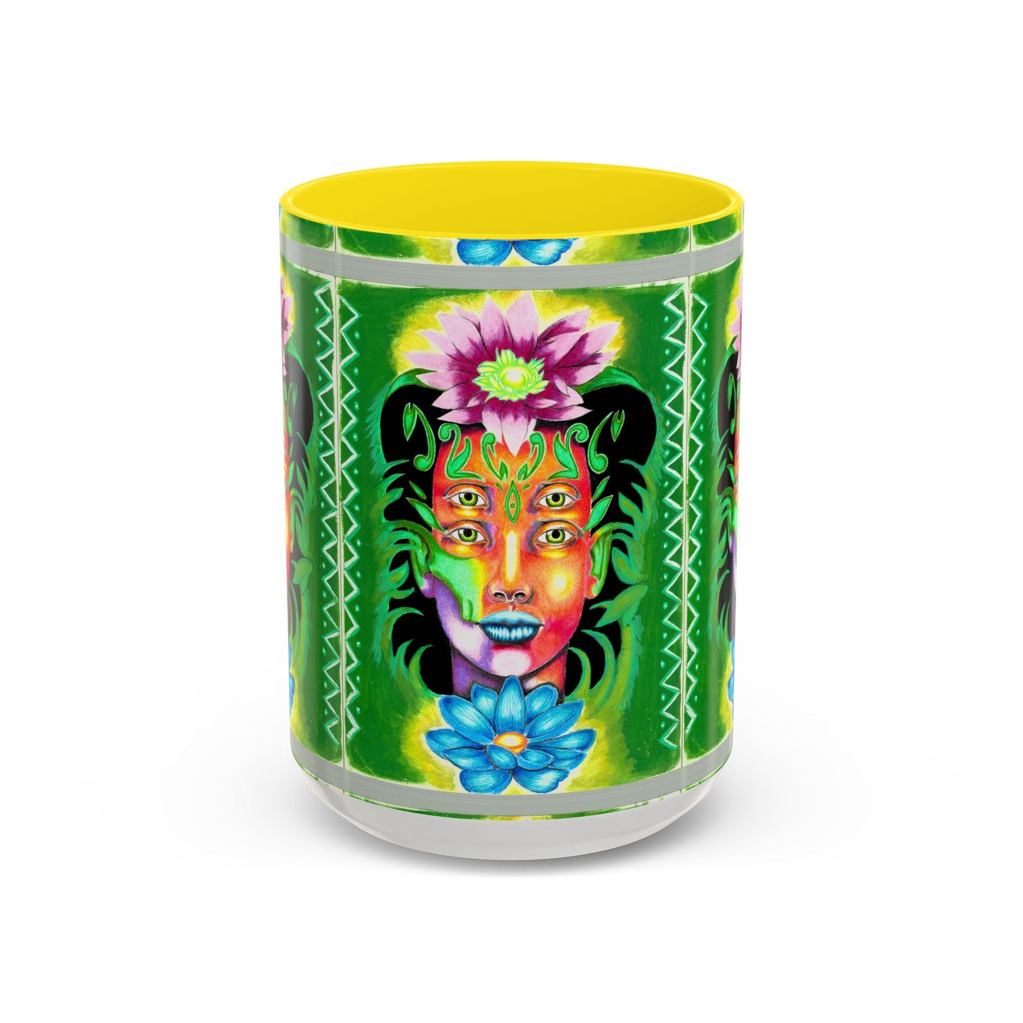Psychedelic Floral Face Accent Coffee Mug — Colorful Spiritual Art 11/15oz