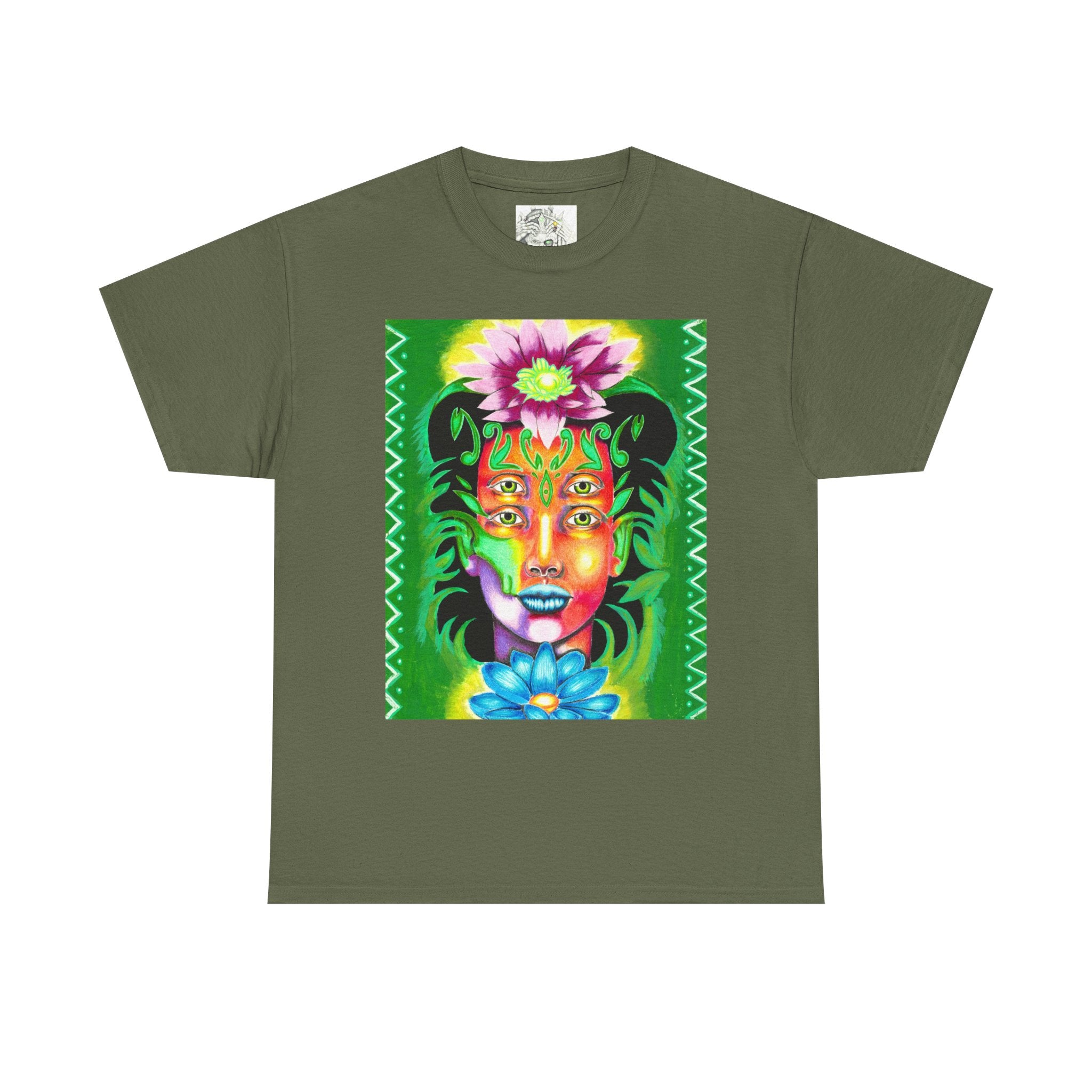 Psychedelic Floral Face Tee — Vibrant Neon Botanical Portrait T-Shirt