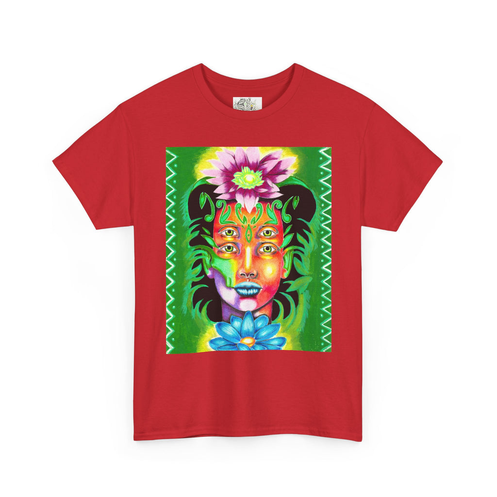 Psychedelic Floral Face Tee — Vibrant Neon Botanical Portrait T-Shirt