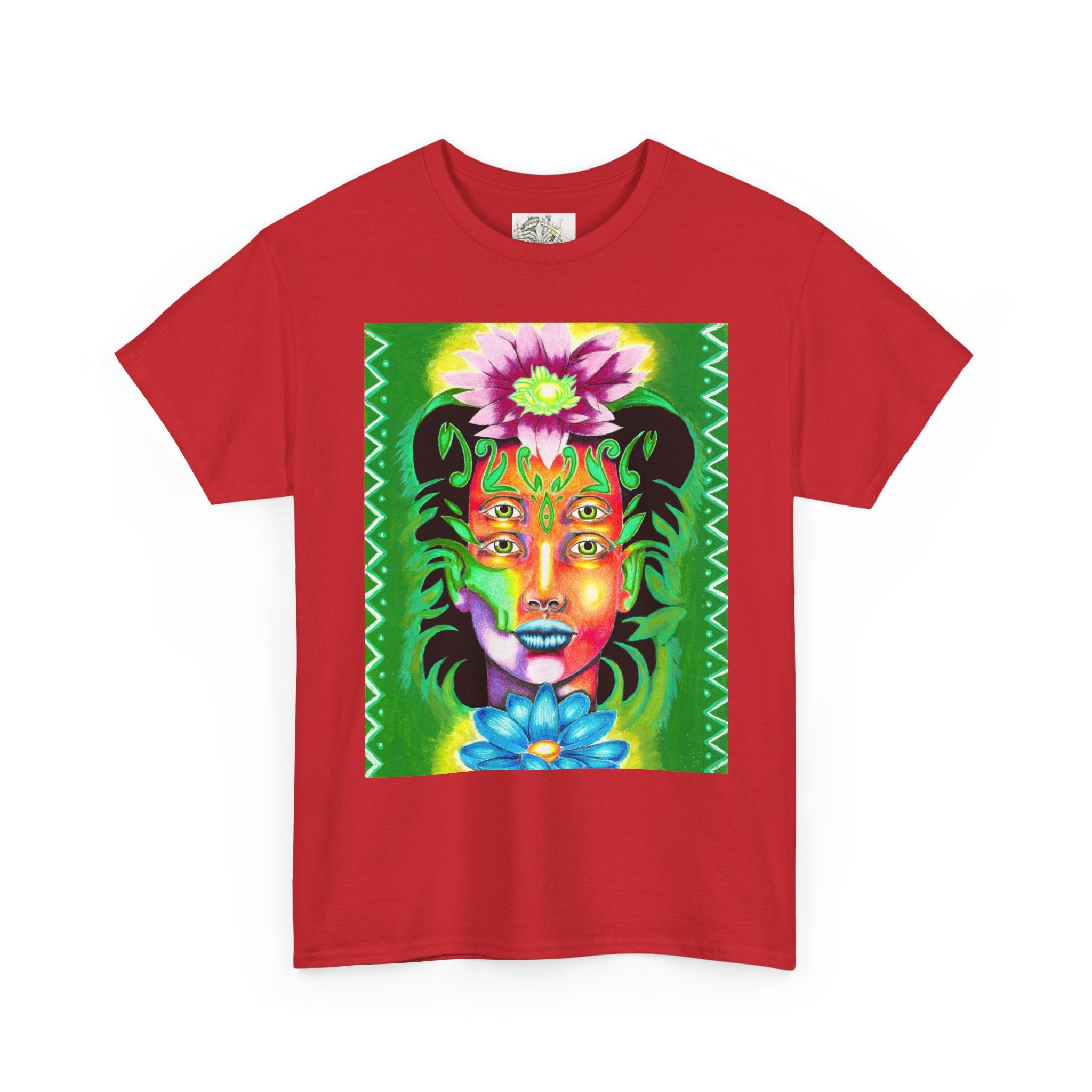 Psychedelic Floral Face Tee — Vibrant Neon Botanical Portrait T-Shirt