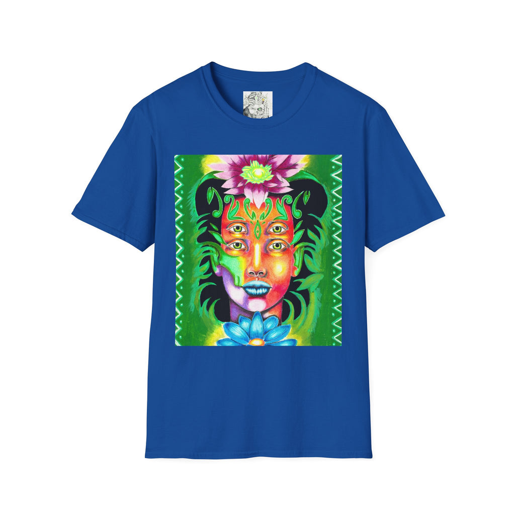Psychedelic Floral Face T-Shirt — Vibrant Mystic Four-Eyes Design