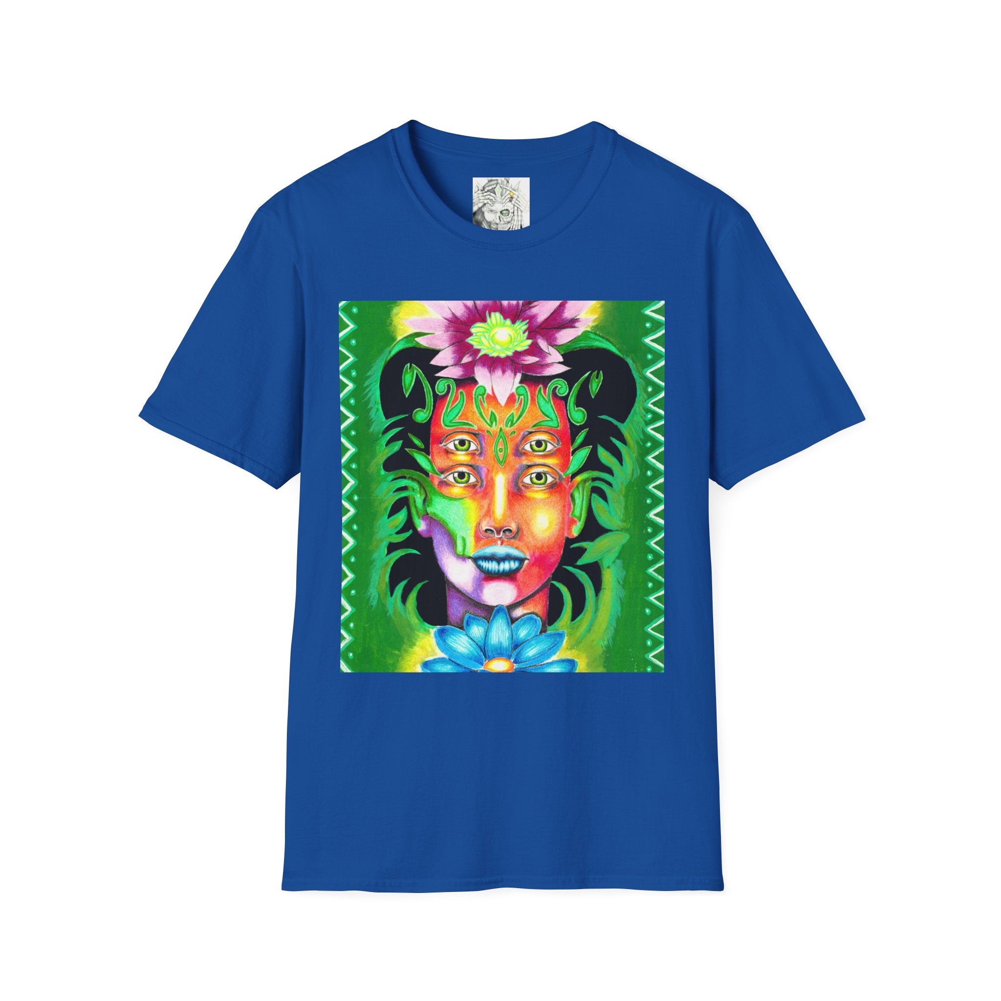 Psychedelic Floral Face T-Shirt — Vibrant Mystic Four-Eyes Design