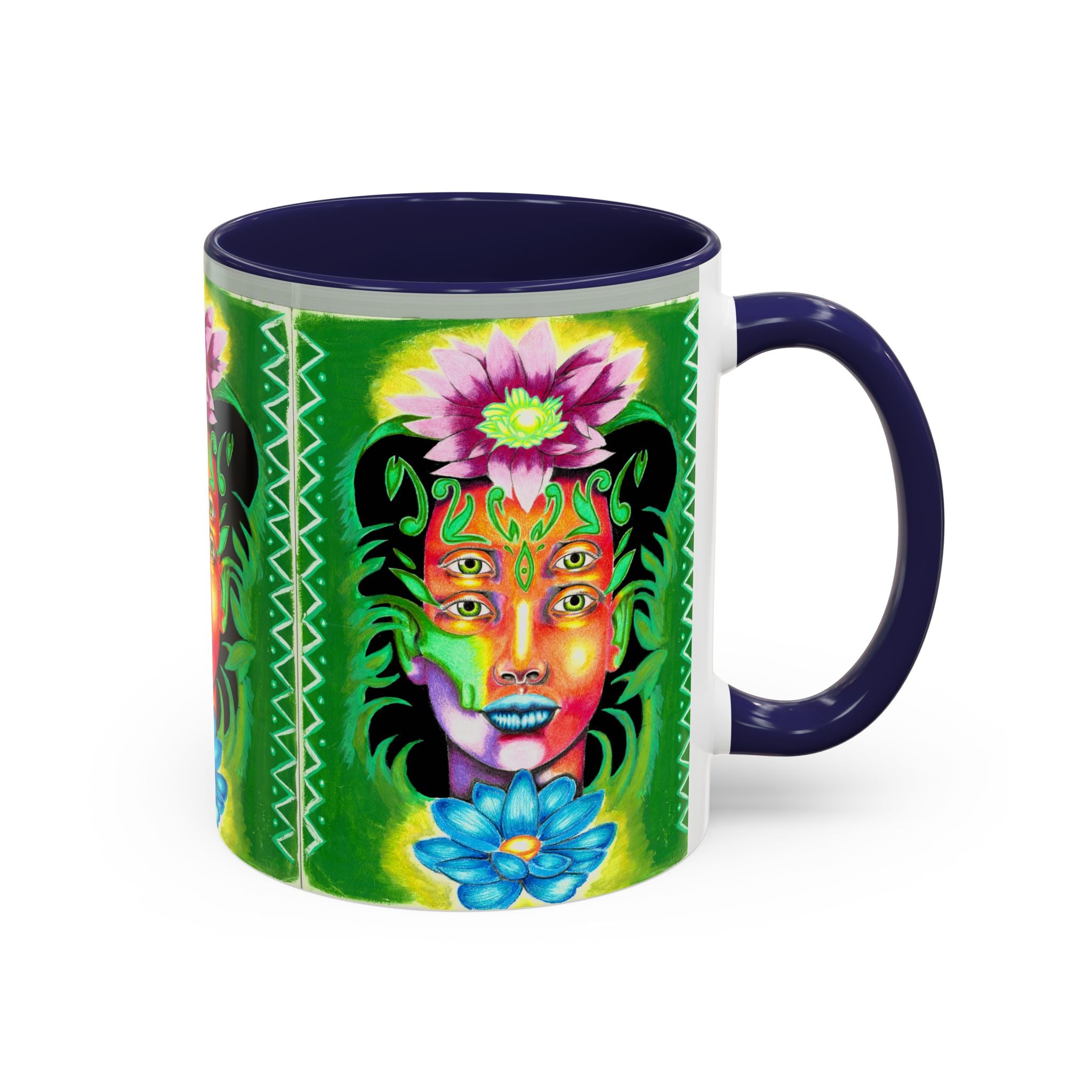 Psychedelic Floral Face Accent Coffee Mug — Colorful Spiritual Art 11/15oz
