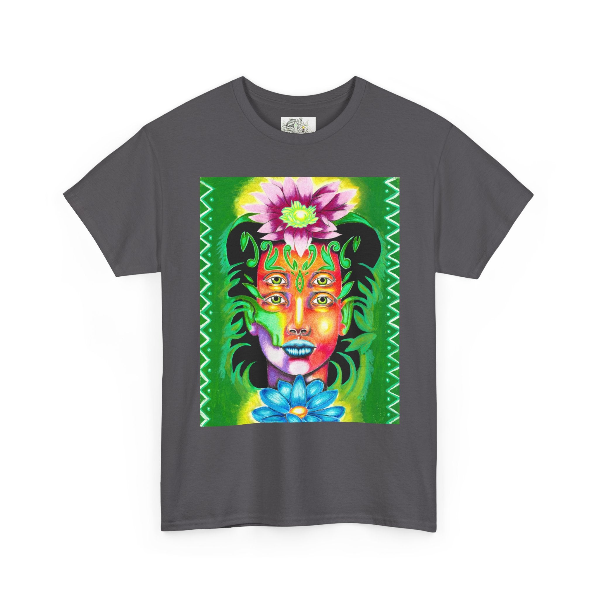 Psychedelic Floral Face Tee — Vibrant Neon Botanical Portrait T-Shirt