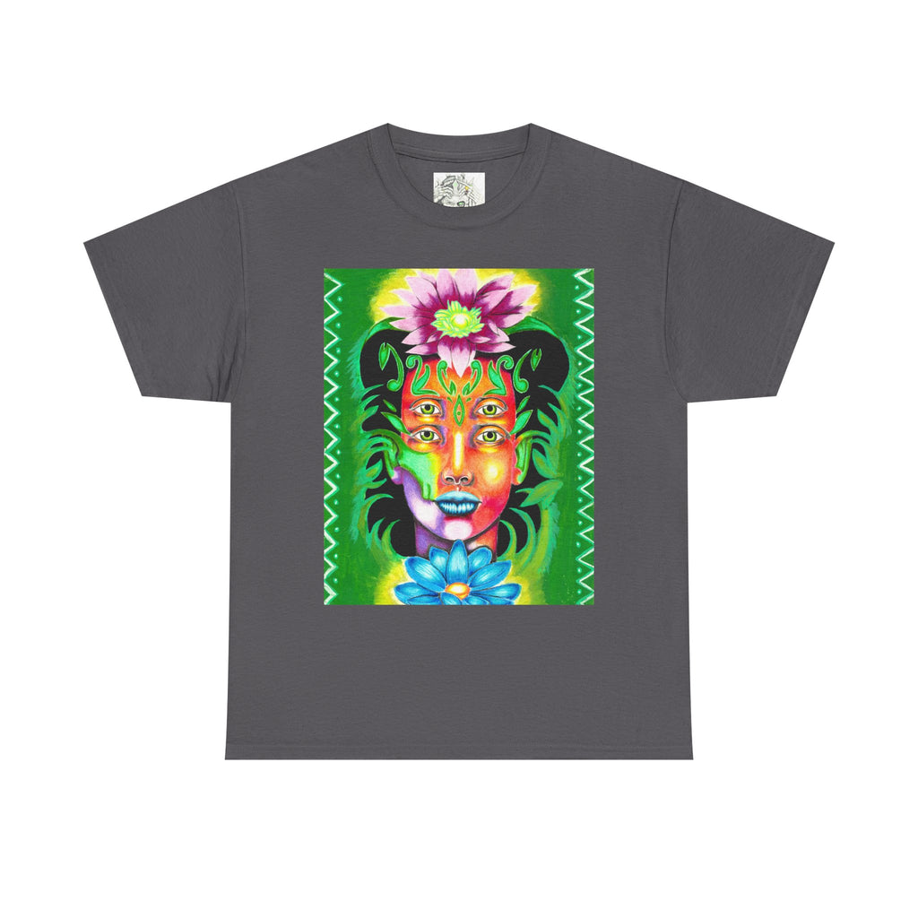 Psychedelic Floral Face Tee — Vibrant Neon Botanical Portrait T-Shirt
