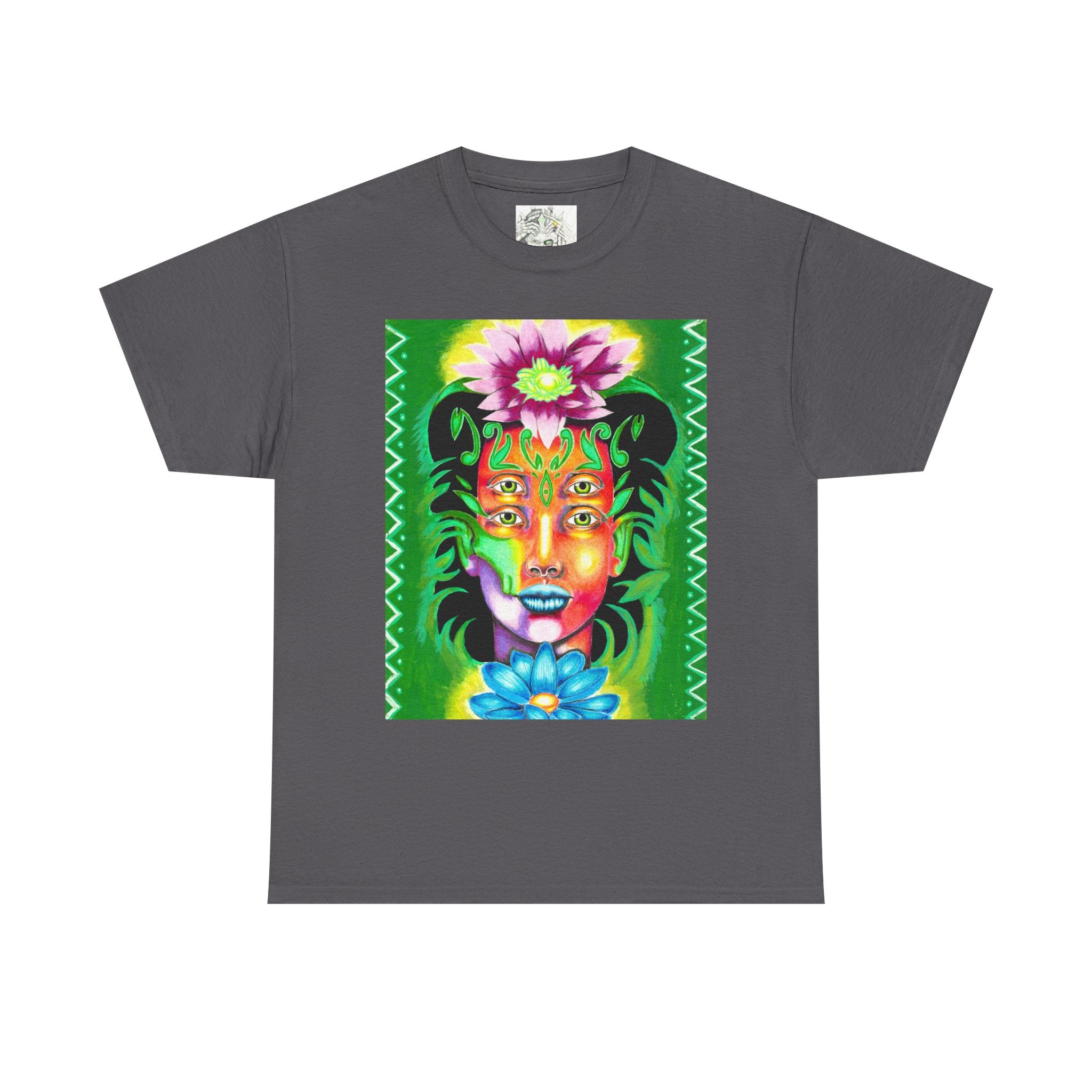 Psychedelic Floral Face Tee — Vibrant Neon Botanical Portrait T-Shirt