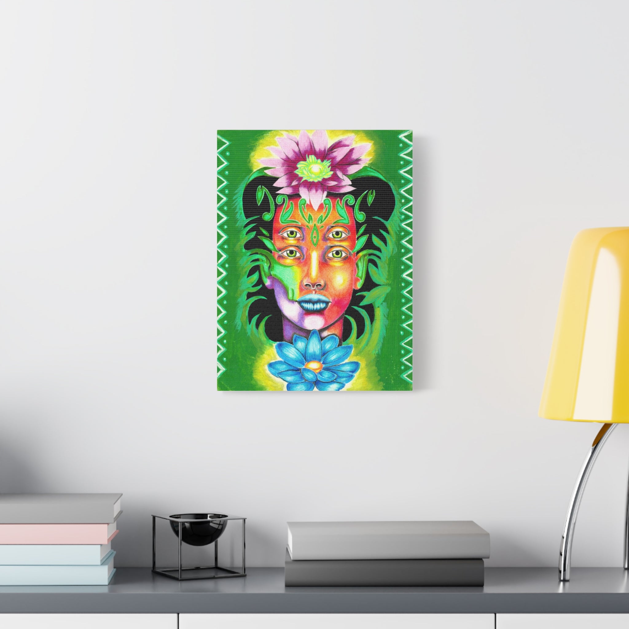 Psychedelic Four-Eyed Face Floral Canvas Art — Vibrant Surreal Wall Decor