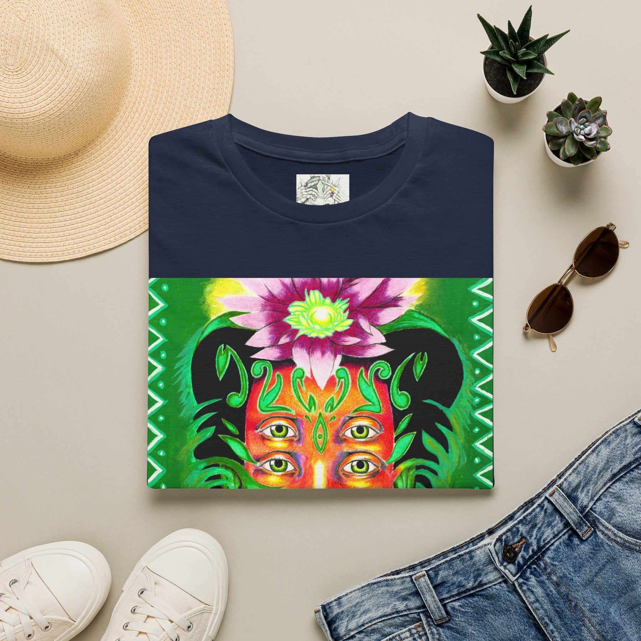 Psychedelic Floral Face T-Shirt — Vibrant Mystic Four-Eyes Design