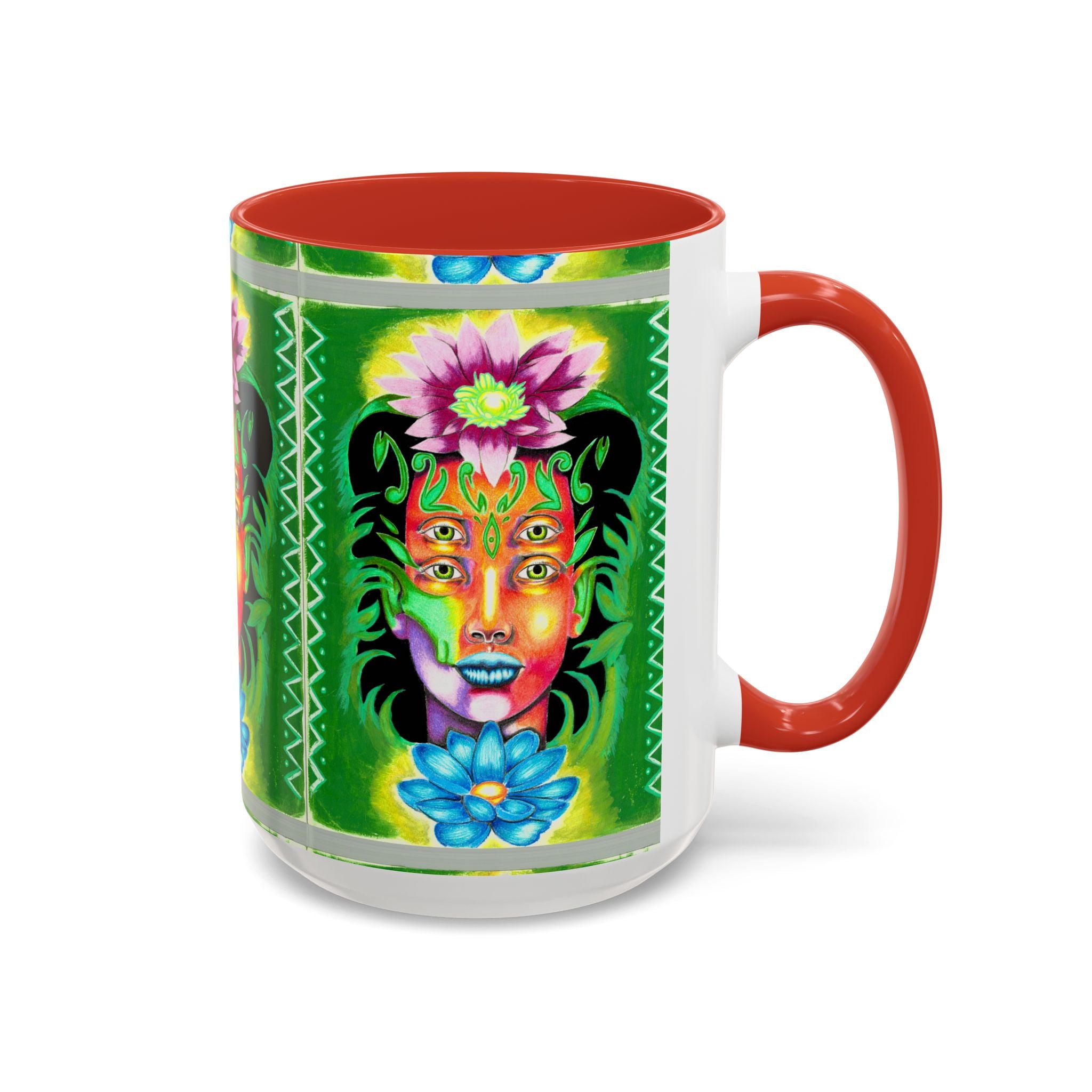 Psychedelic Floral Face Accent Coffee Mug — Colorful Spiritual Art 11/15oz