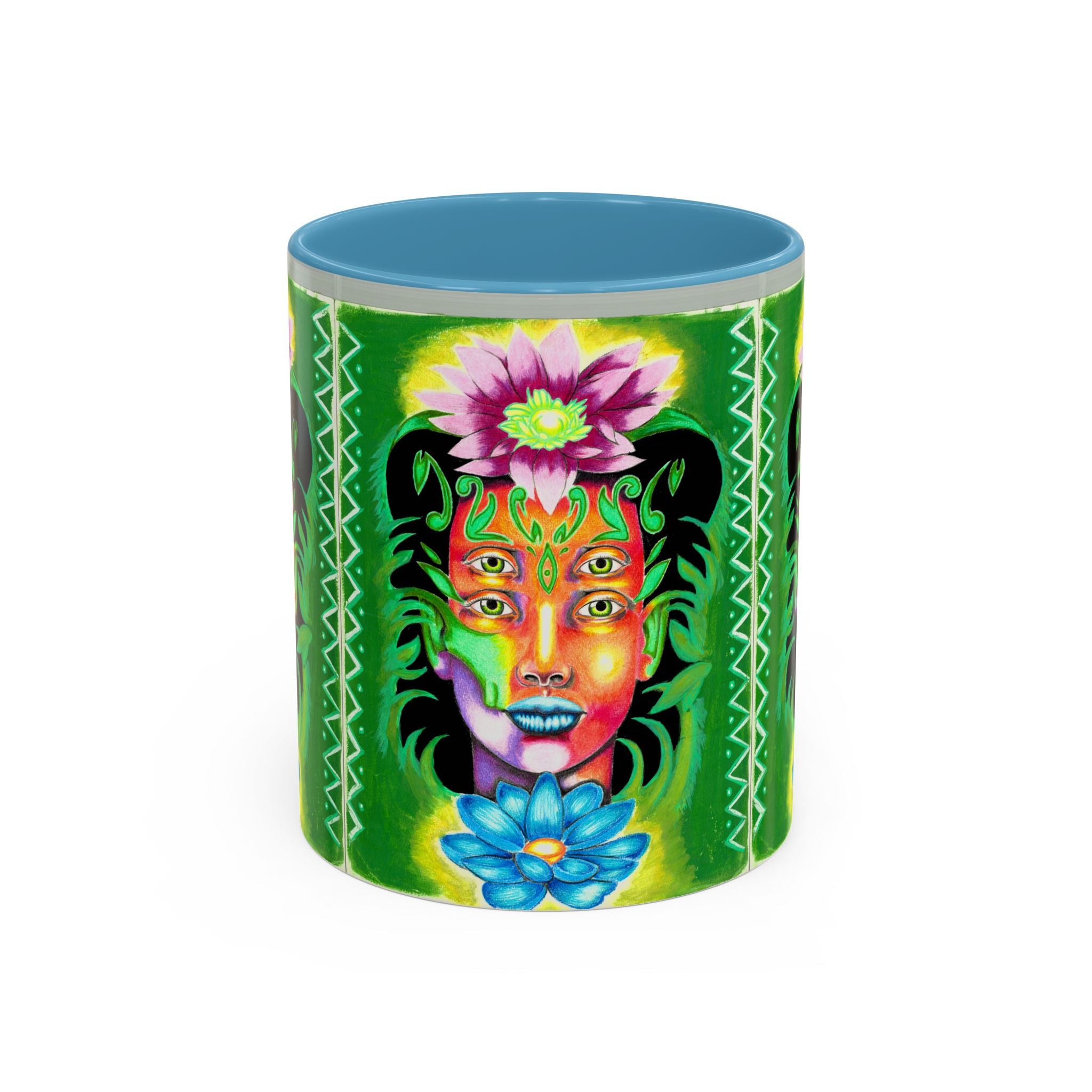 Psychedelic Floral Face Accent Coffee Mug — Colorful Spiritual Art 11/15oz