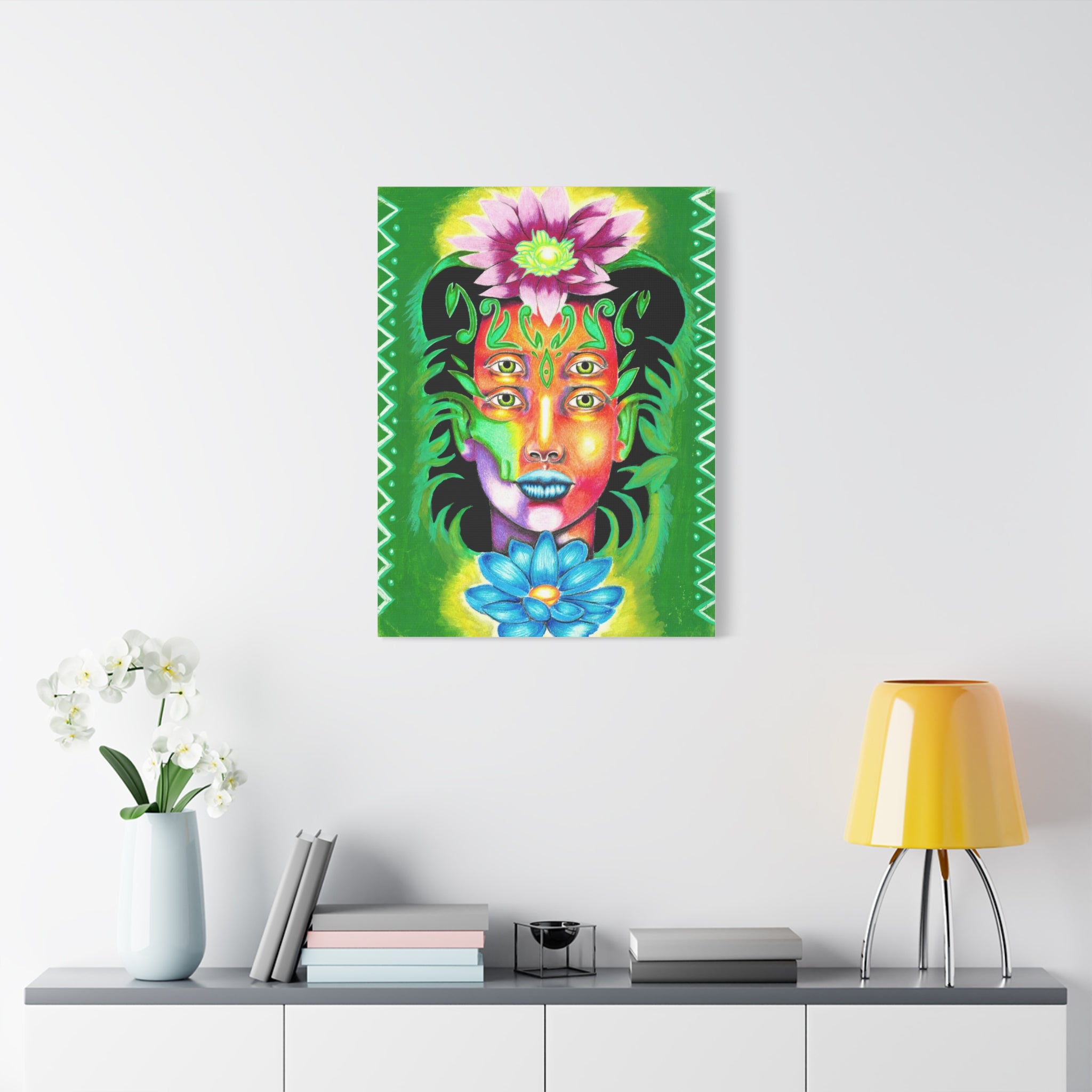 Psychedelic Four-Eyed Face Floral Canvas Art — Vibrant Surreal Wall Decor