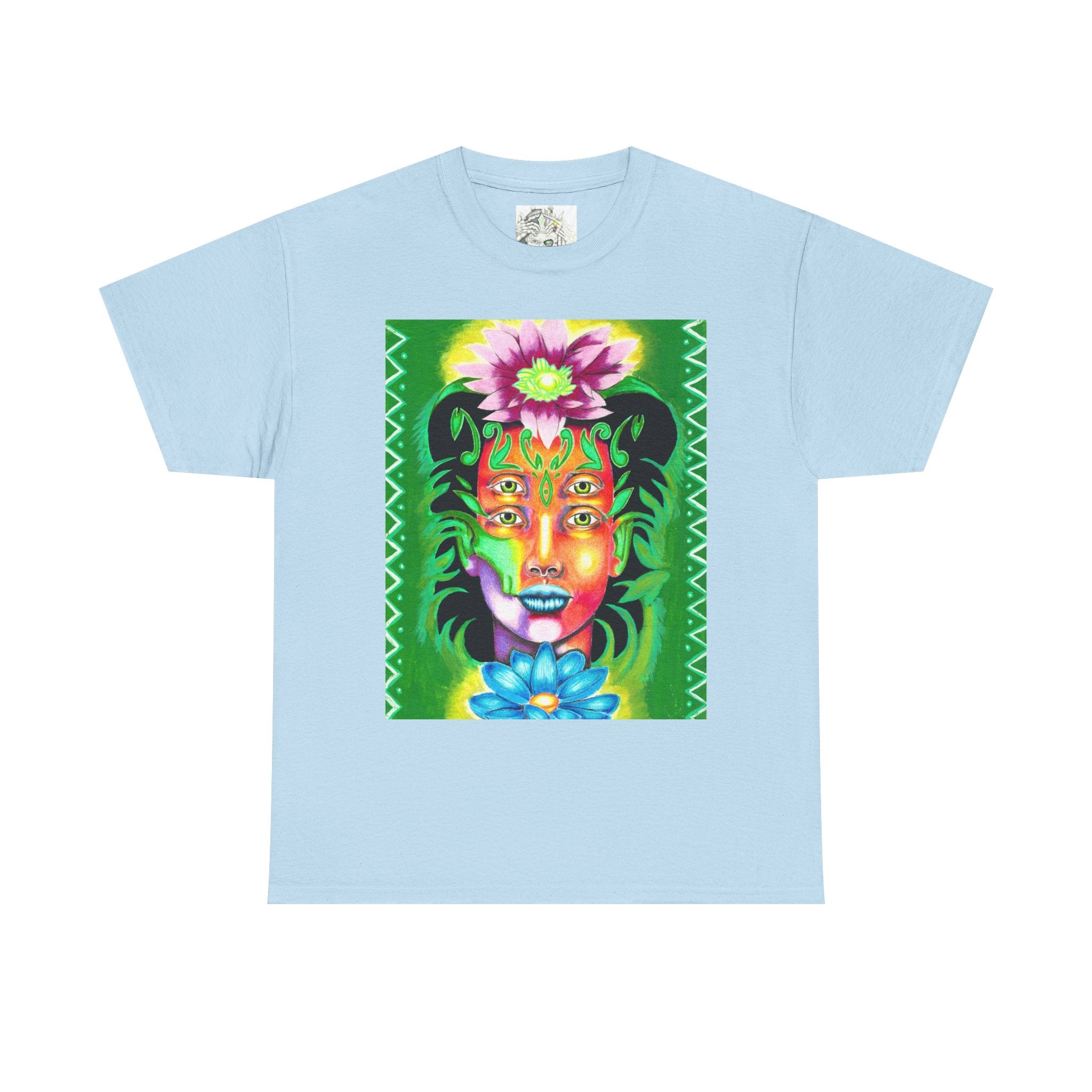 Psychedelic Floral Face Tee — Vibrant Neon Botanical Portrait T-Shirt