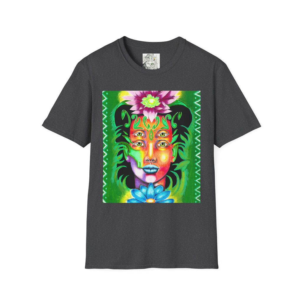 Psychedelic Floral Face T-Shirt — Vibrant Mystic Four-Eyes Design