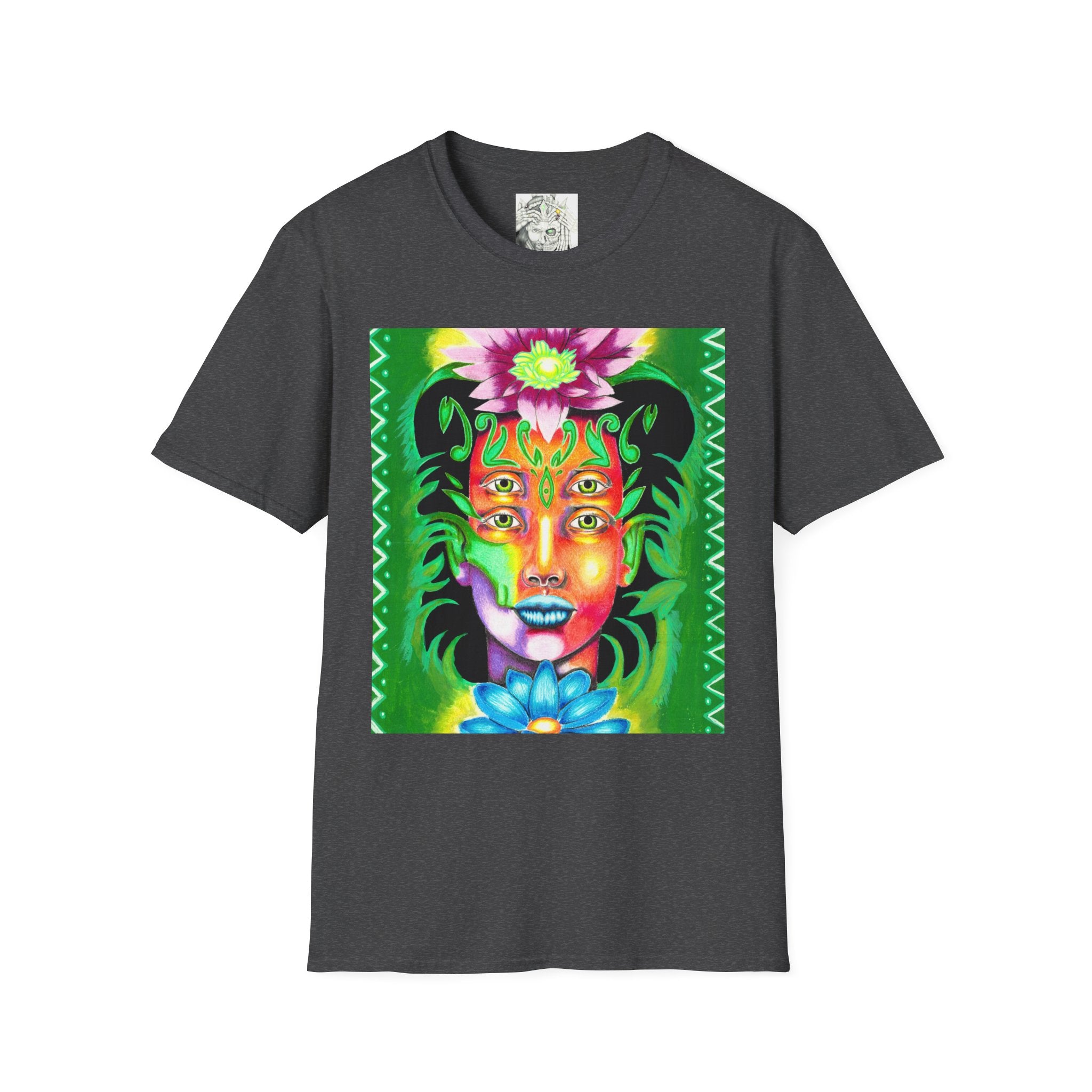 Psychedelic Floral Face T-Shirt — Vibrant Mystic Four-Eyes Design