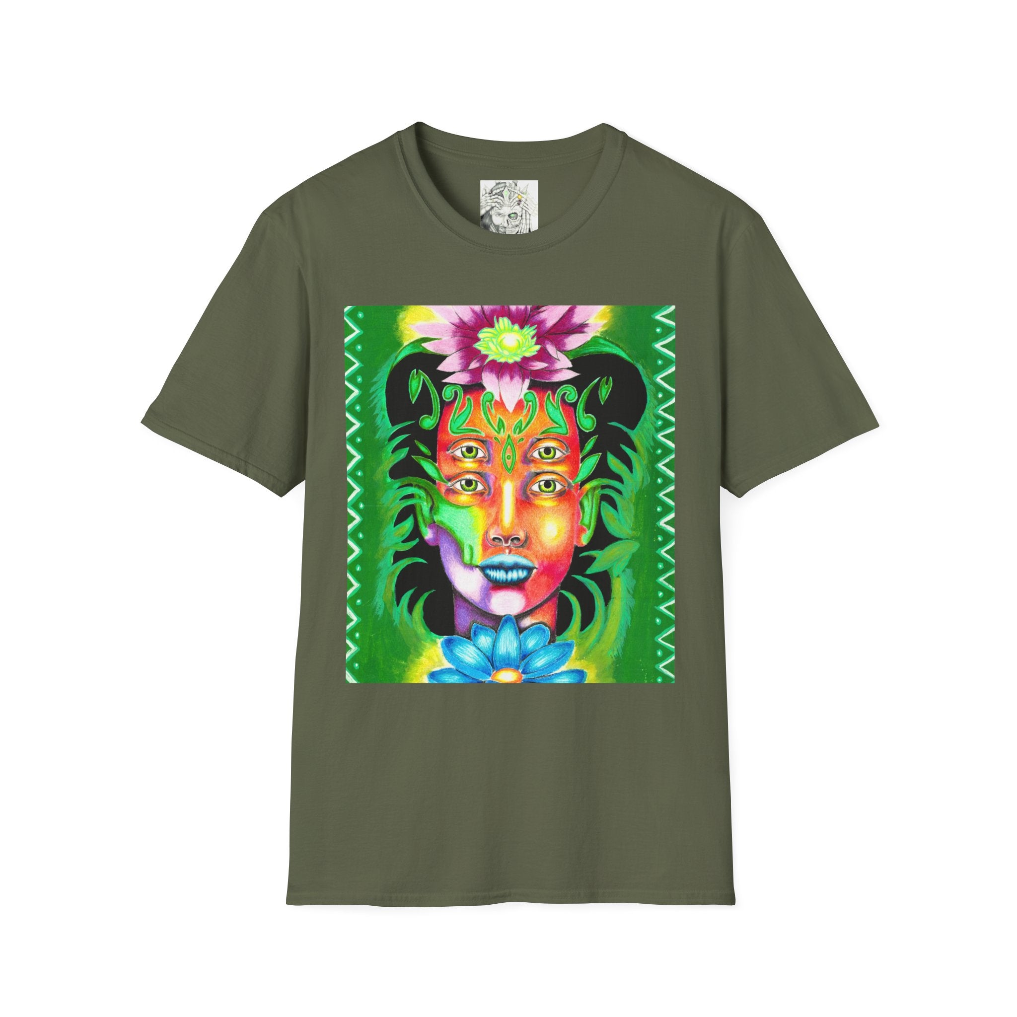 Psychedelic Floral Face T-Shirt — Vibrant Mystic Four-Eyes Design