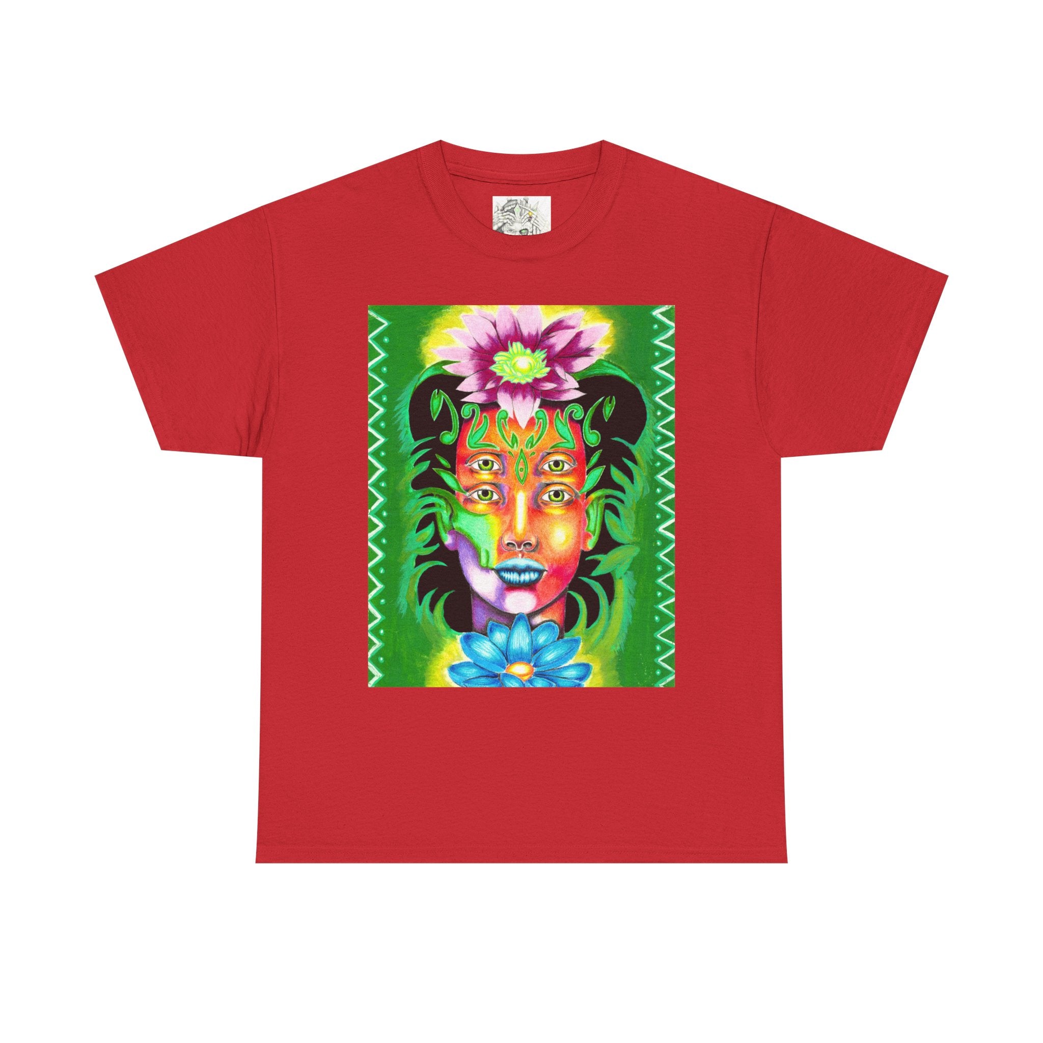 Psychedelic Floral Face Tee — Vibrant Neon Botanical Portrait T-Shirt
