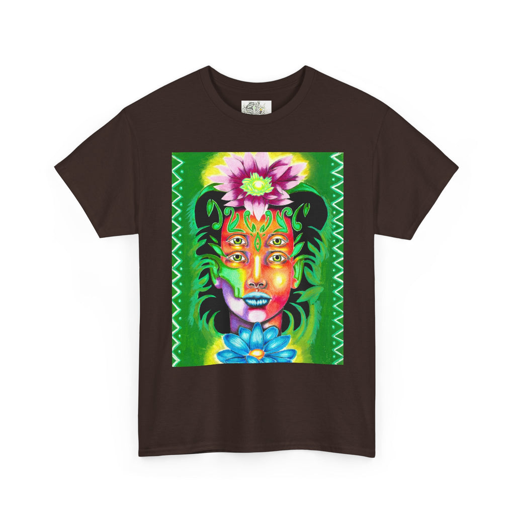 Psychedelic Floral Face Tee — Vibrant Neon Botanical Portrait T-Shirt