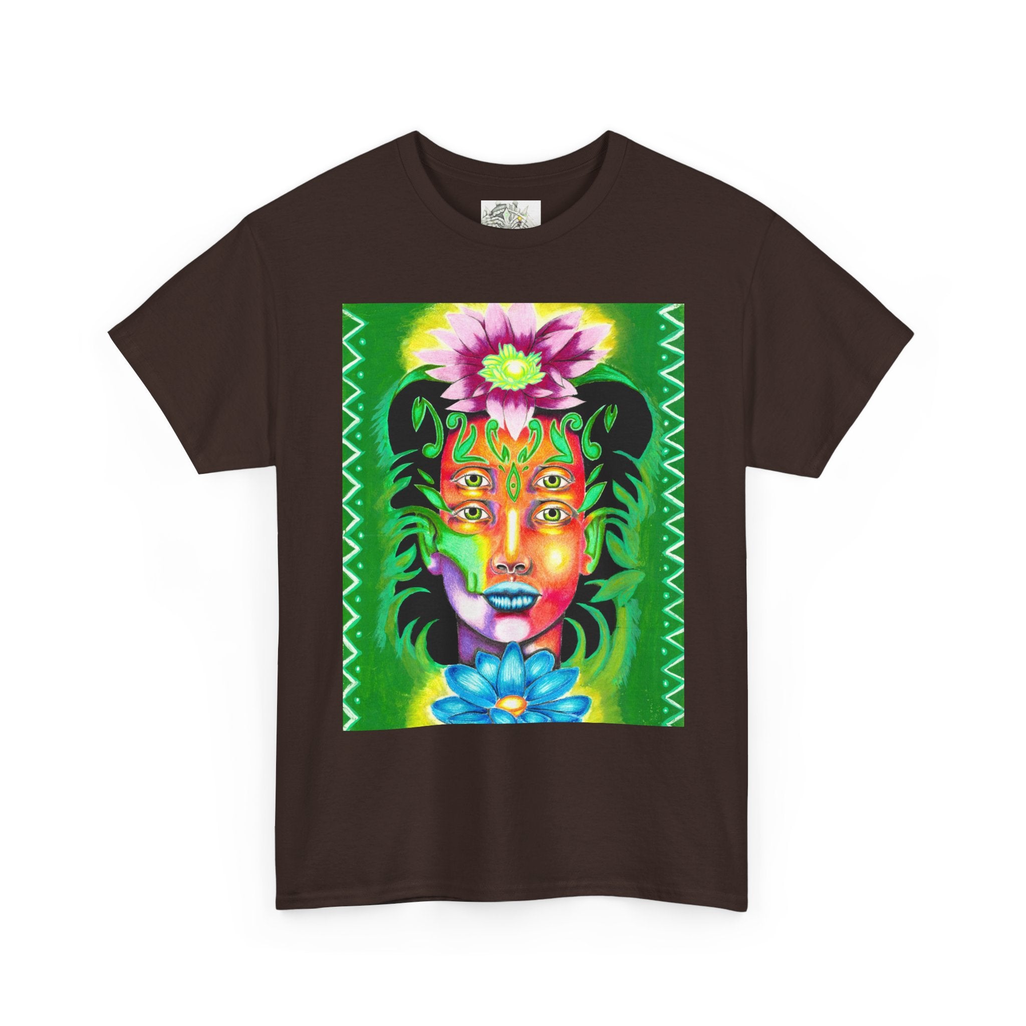 Psychedelic Floral Face Tee — Vibrant Neon Botanical Portrait T-Shirt
