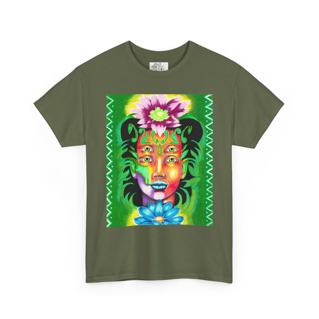 Psychedelic Floral Face Tee — Vibrant Neon Botanical Portrait T-Shirt