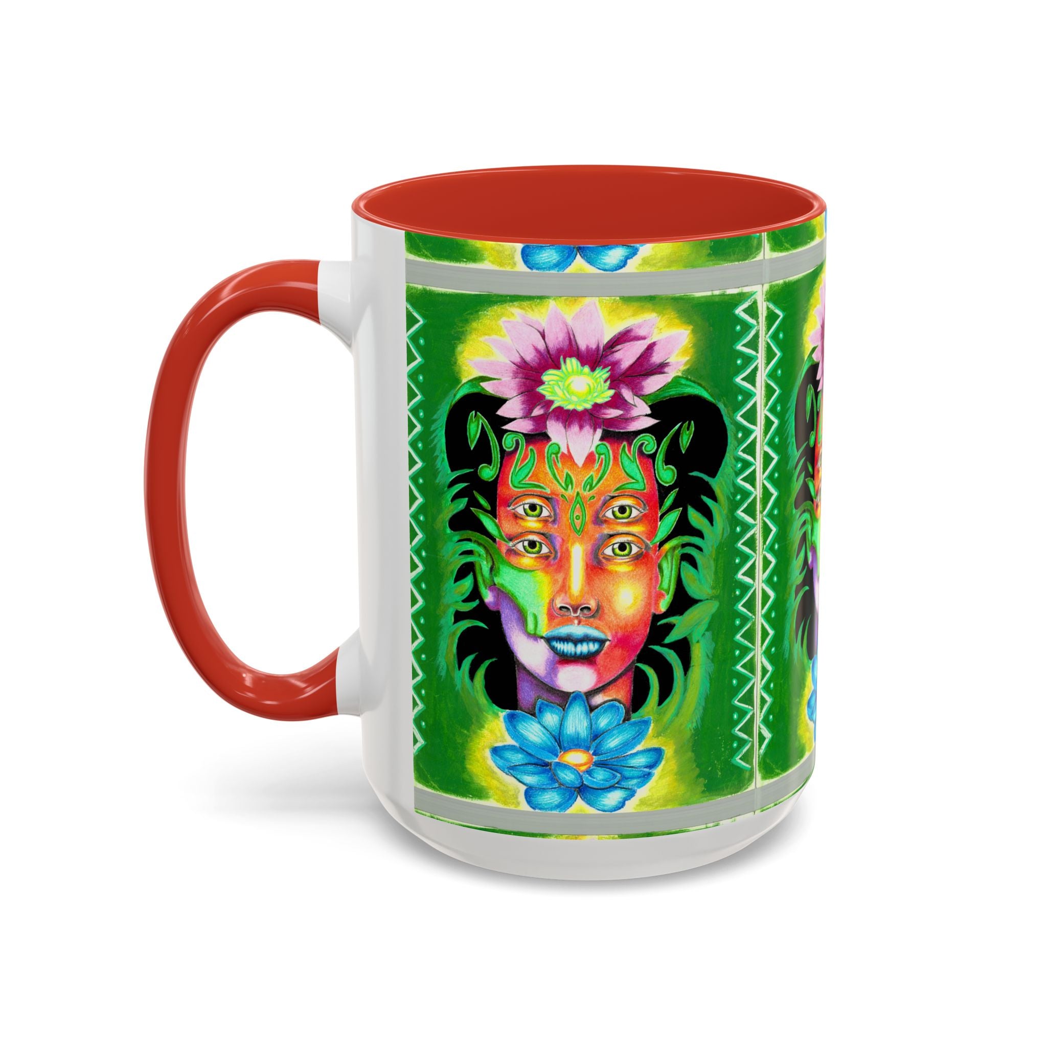Psychedelic Floral Face Accent Coffee Mug — Colorful Spiritual Art 11/15oz
