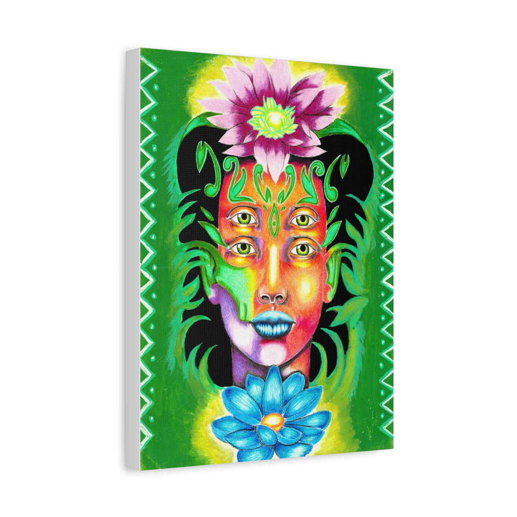 Psychedelic Four-Eyed Face Floral Canvas Art — Vibrant Surreal Wall Decor
