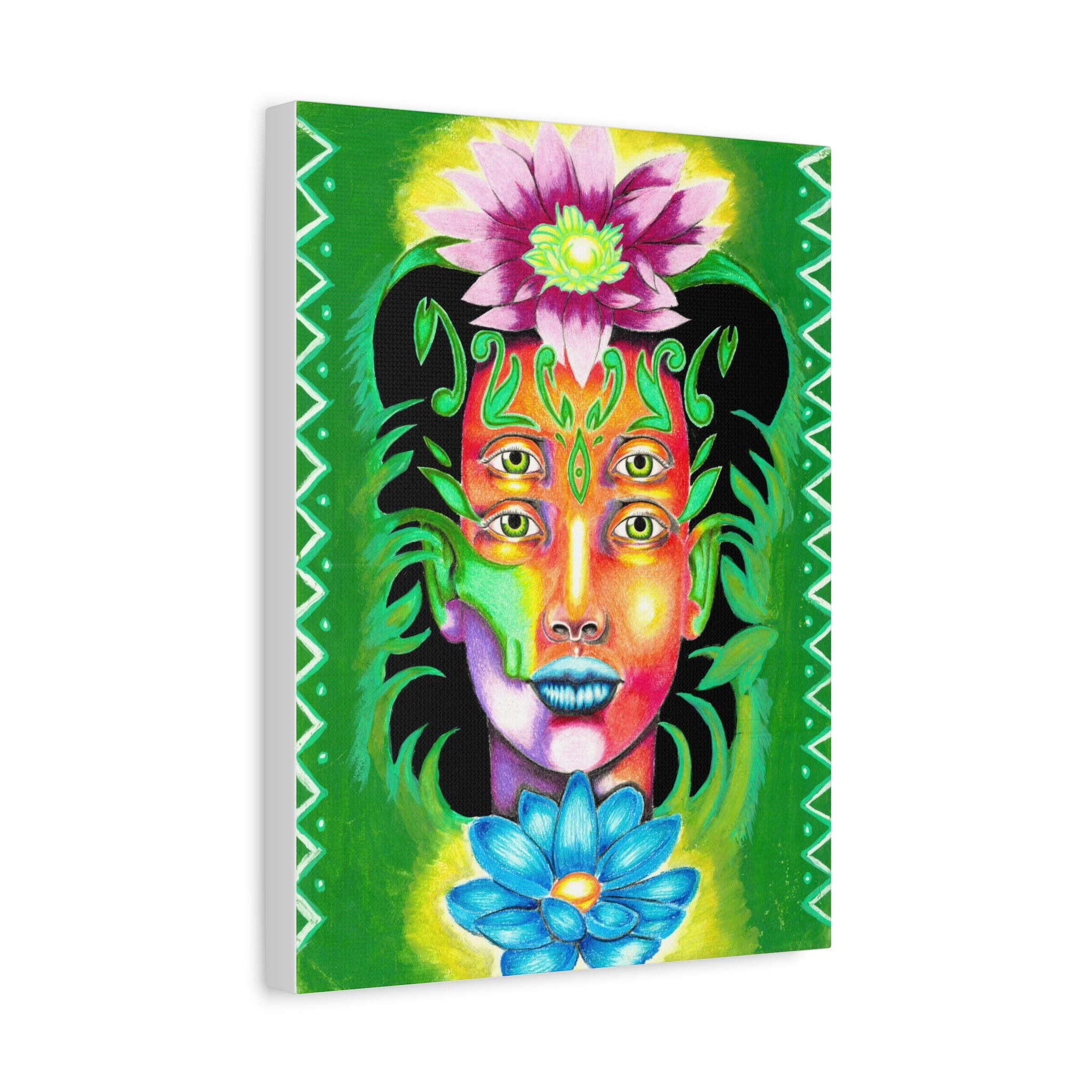 Psychedelic Four-Eyed Face Floral Canvas Art — Vibrant Surreal Wall Decor