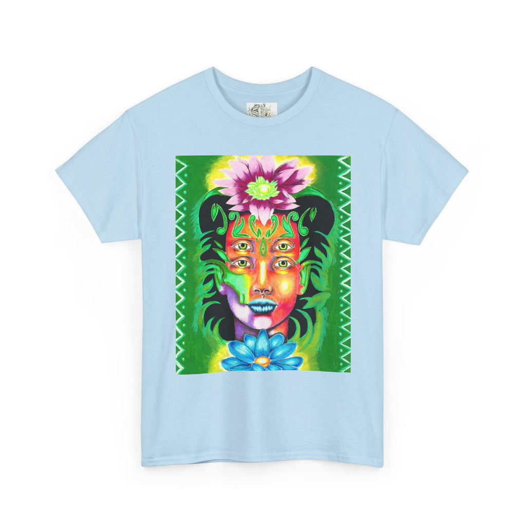 Psychedelic Floral Face Tee — Vibrant Neon Botanical Portrait T-Shirt