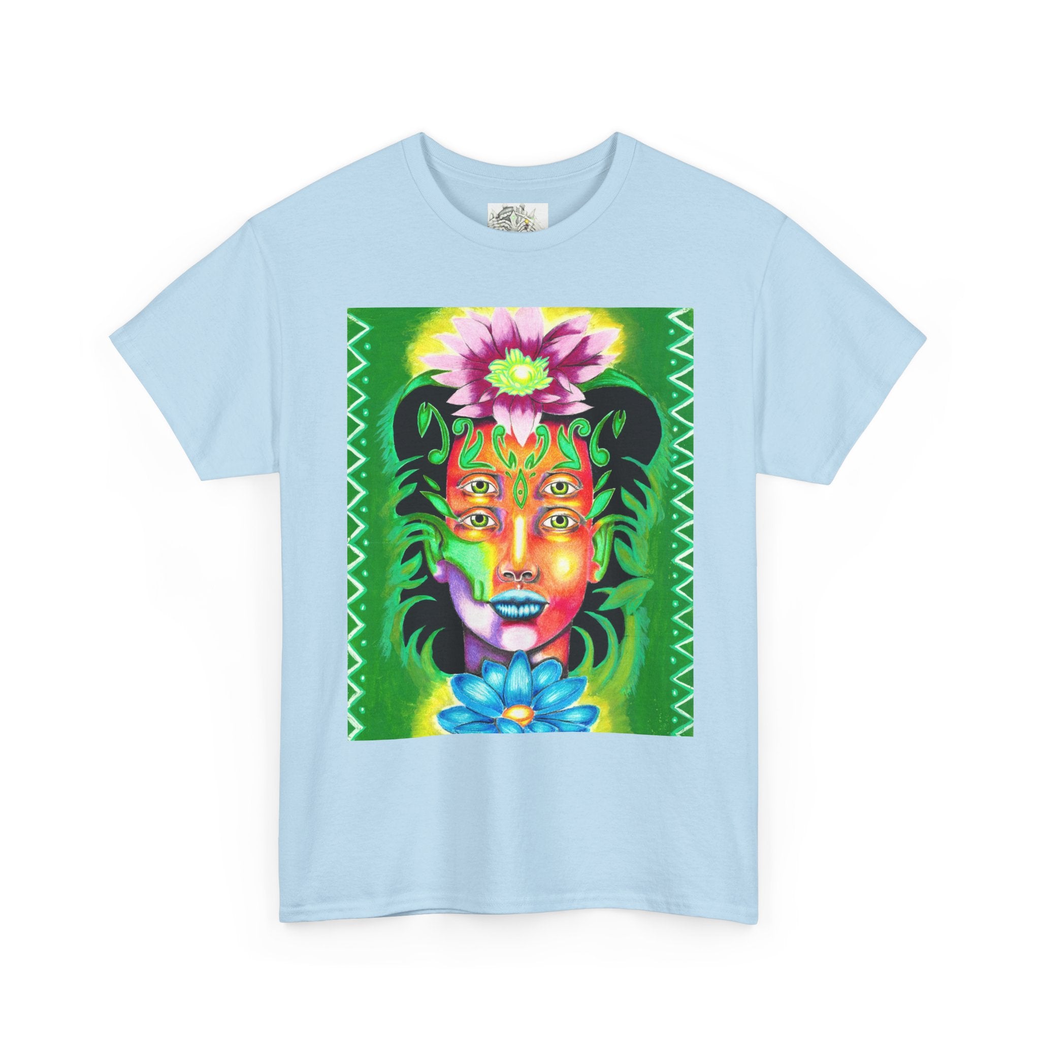 Psychedelic Floral Face Tee — Vibrant Neon Botanical Portrait T-Shirt