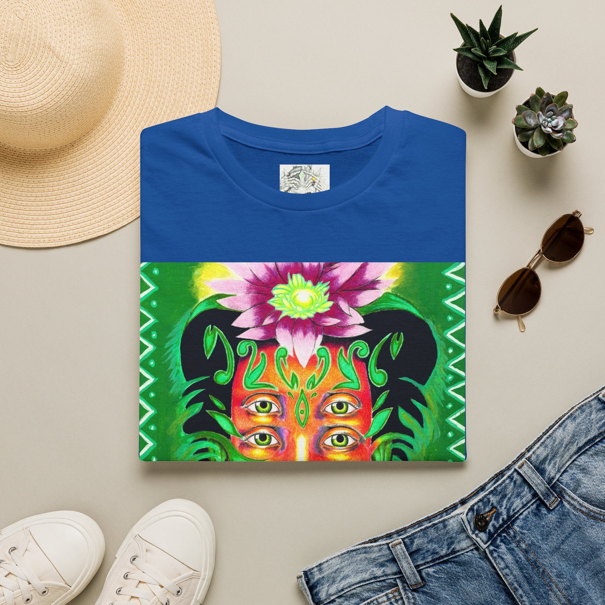 Psychedelic Floral Face T-Shirt — Vibrant Mystic Four-Eyes Design