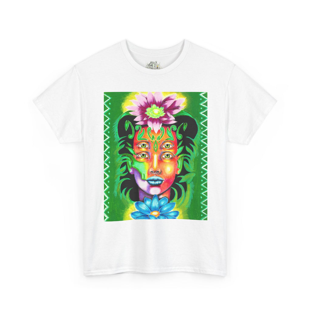 Psychedelic Floral Face Tee — Vibrant Neon Botanical Portrait T-Shirt
