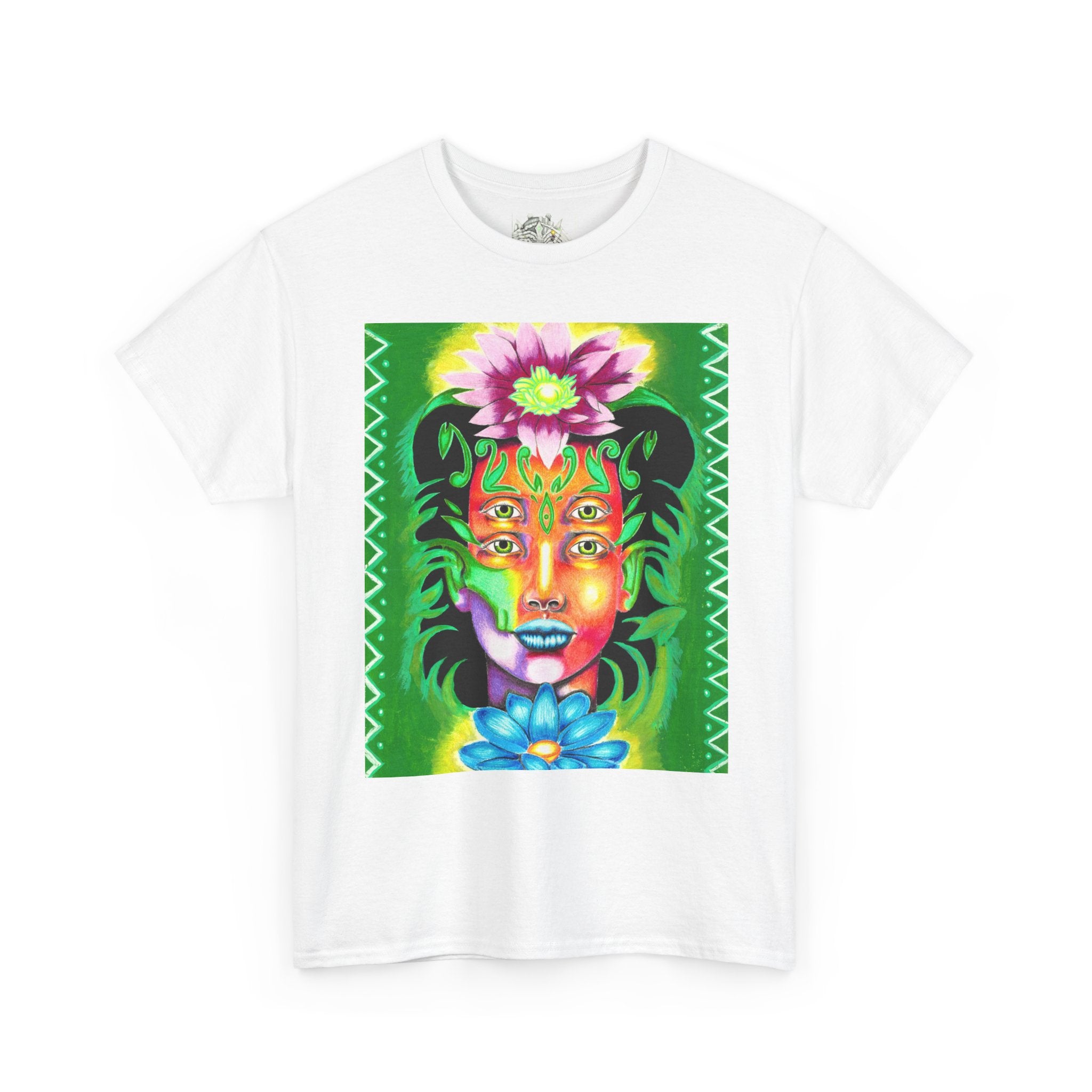 Psychedelic Floral Face Tee — Vibrant Neon Botanical Portrait T-Shirt