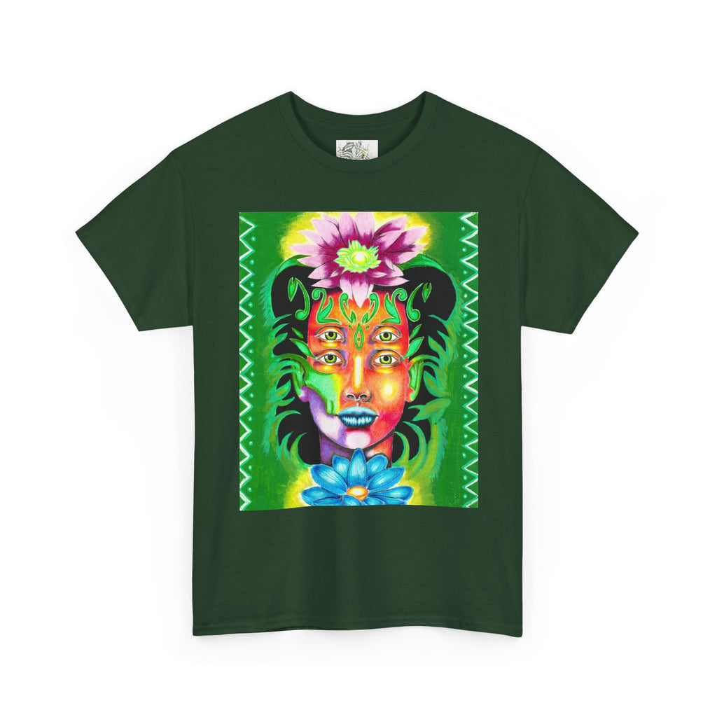 Psychedelic Floral Face Tee — Vibrant Neon Botanical Portrait T-Shirt