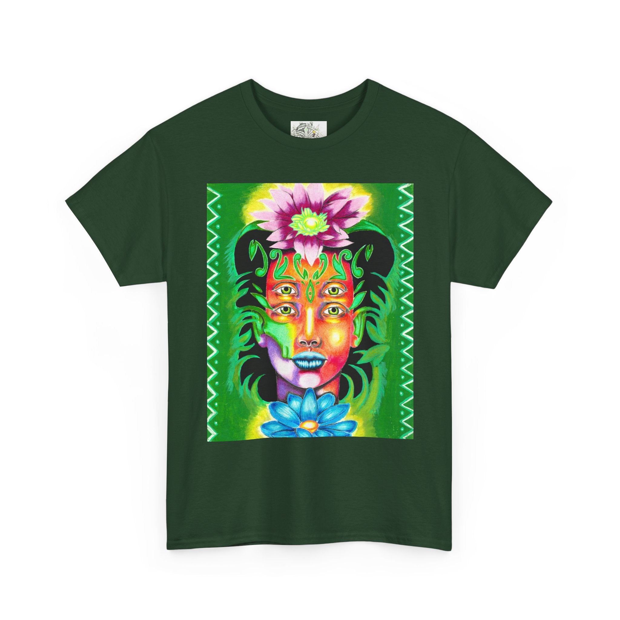 Psychedelic Floral Face Tee — Vibrant Neon Botanical Portrait T-Shirt
