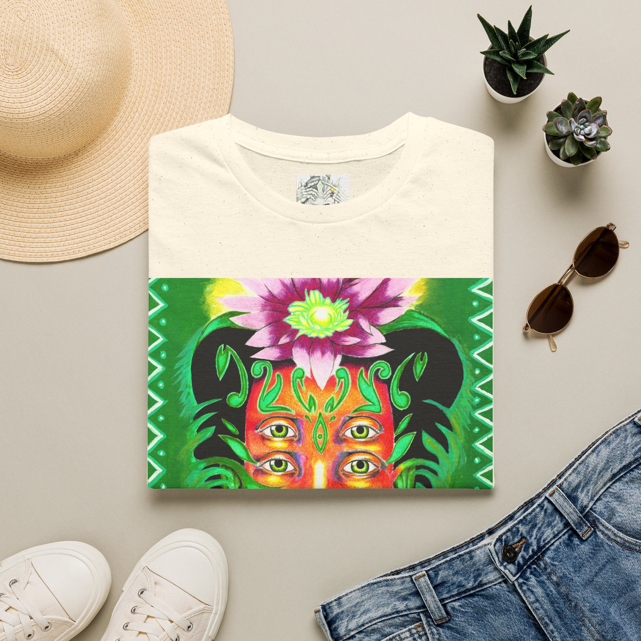 Psychedelic Floral Face T-Shirt — Vibrant Mystic Four-Eyes Design