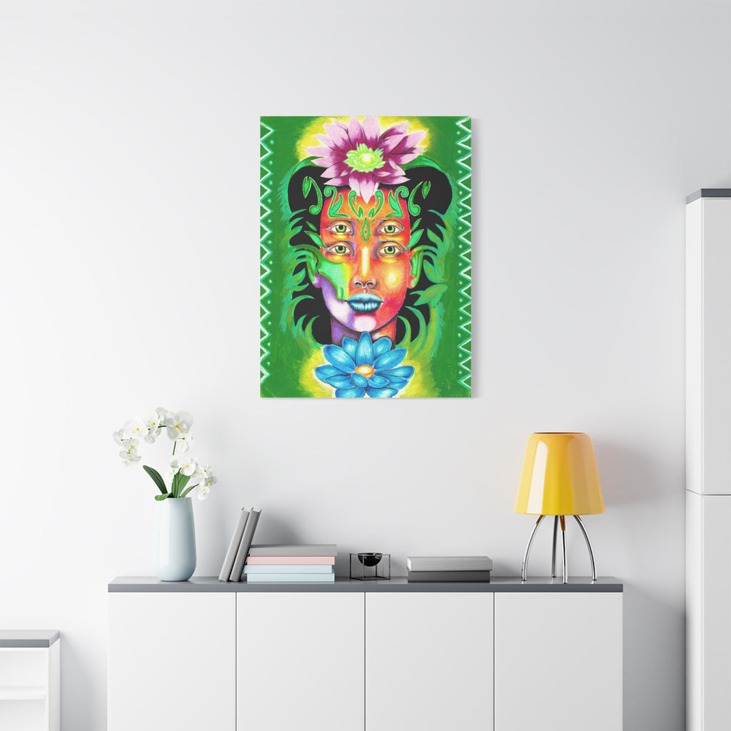 Psychedelic Four-Eyed Face Floral Canvas Art — Vibrant Surreal Wall Decor