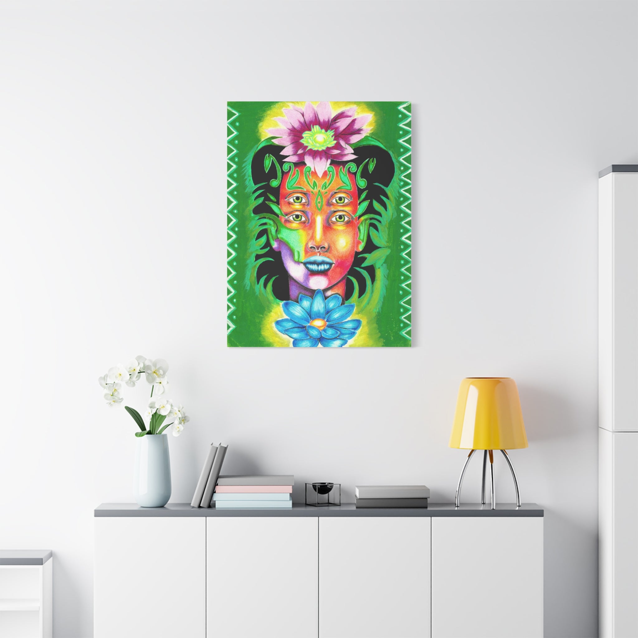 Psychedelic Four-Eyed Face Floral Canvas Art — Vibrant Surreal Wall Decor