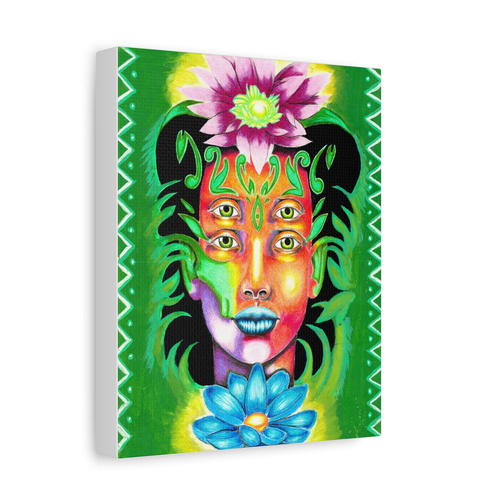Psychedelic Four-Eyed Face Floral Canvas Art — Vibrant Surreal Wall Decor