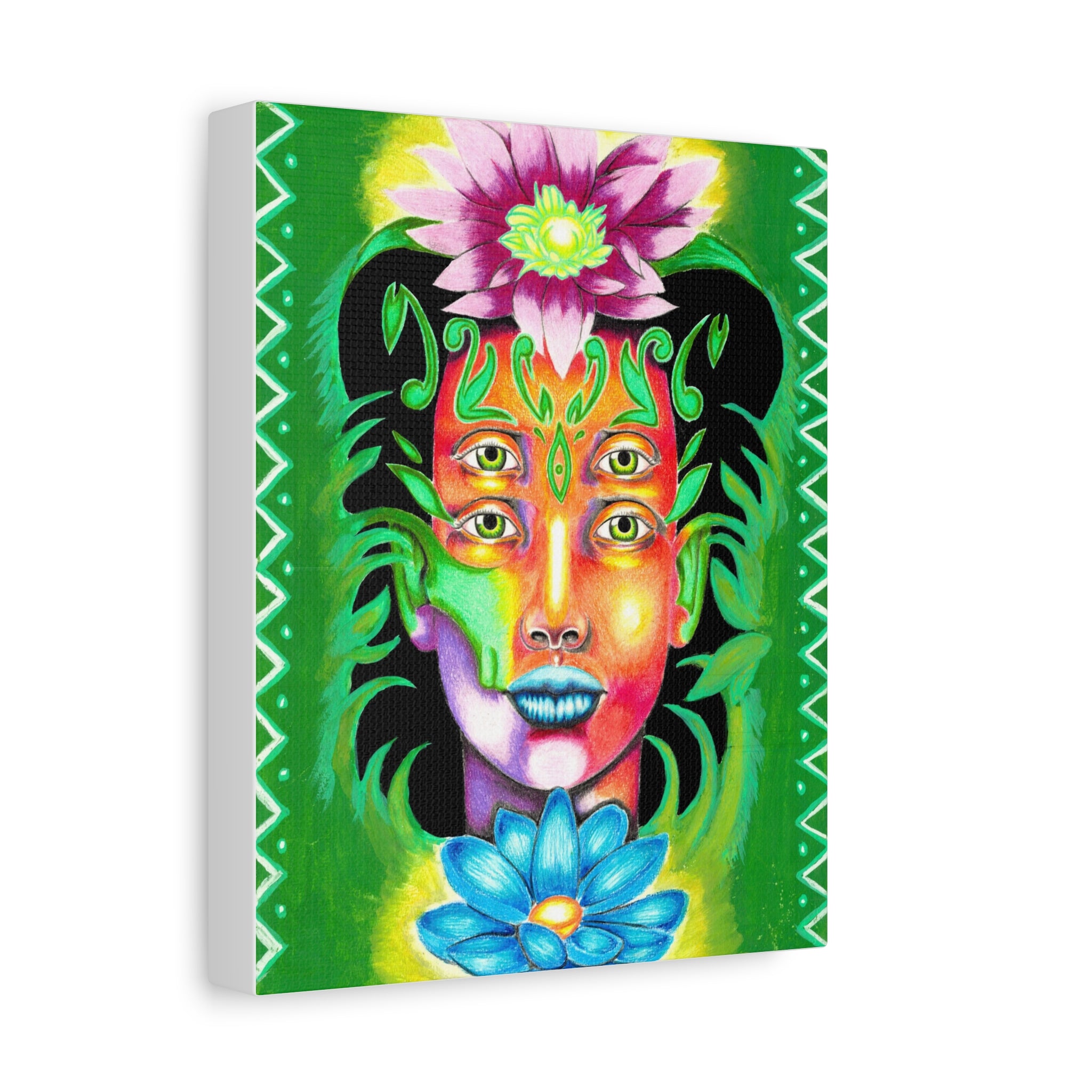 Psychedelic Four-Eyed Face Floral Canvas Art — Vibrant Surreal Wall Decor